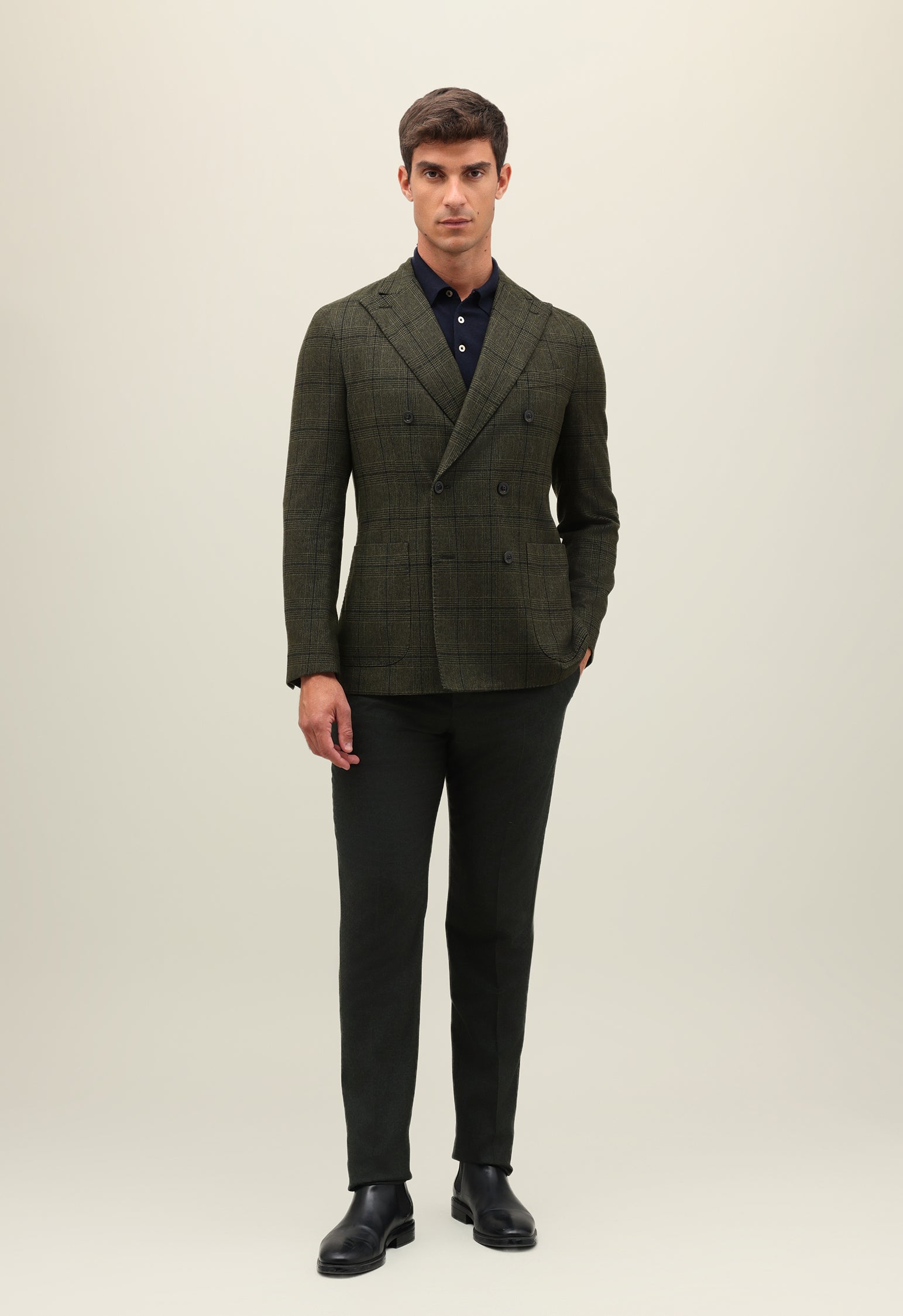 Dark Green Prince of Wales Wool double-breasted K-Jacket