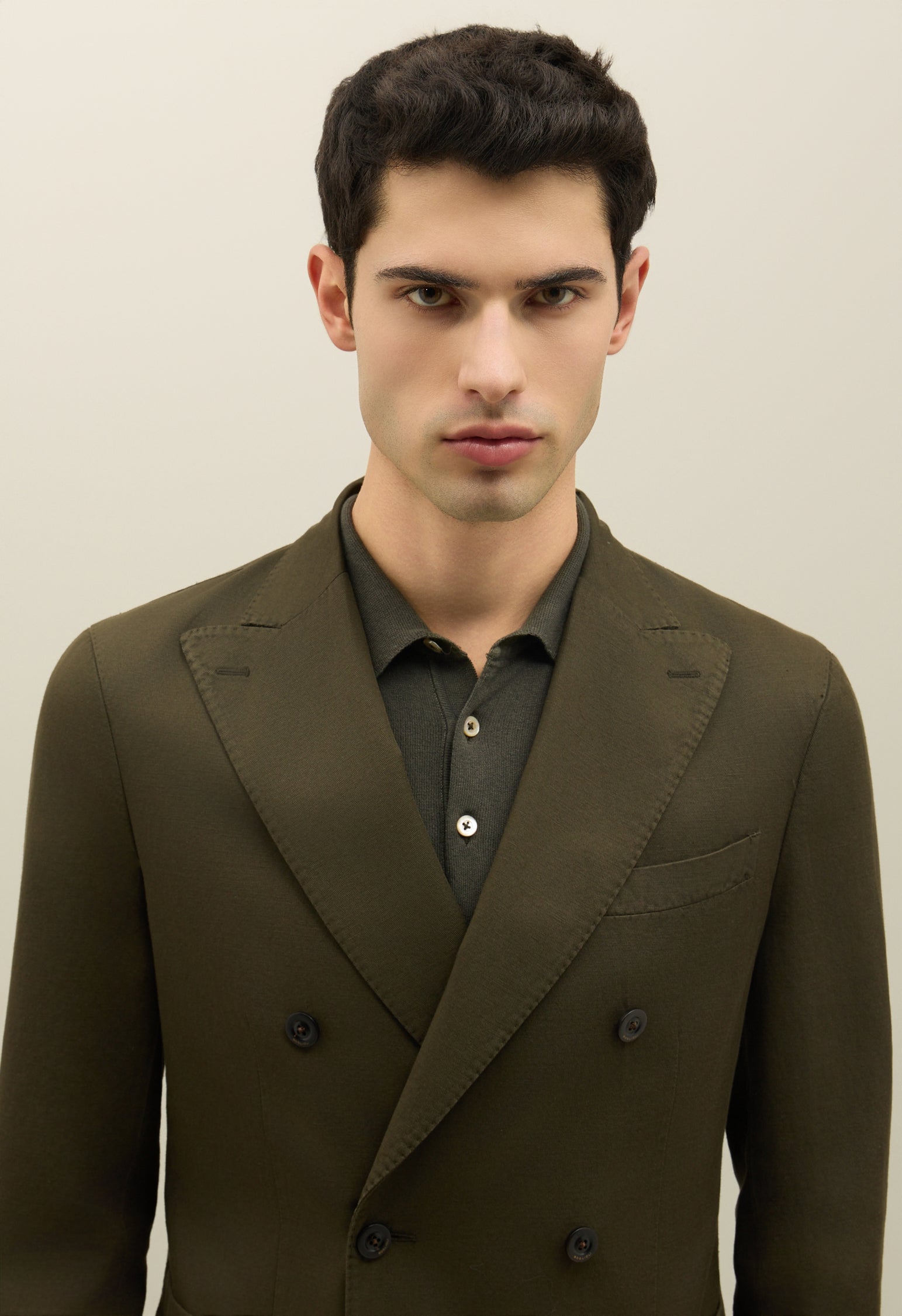 Dark Green Cotton Linen Twill Double-Breasted K-Jacket | Boglioli