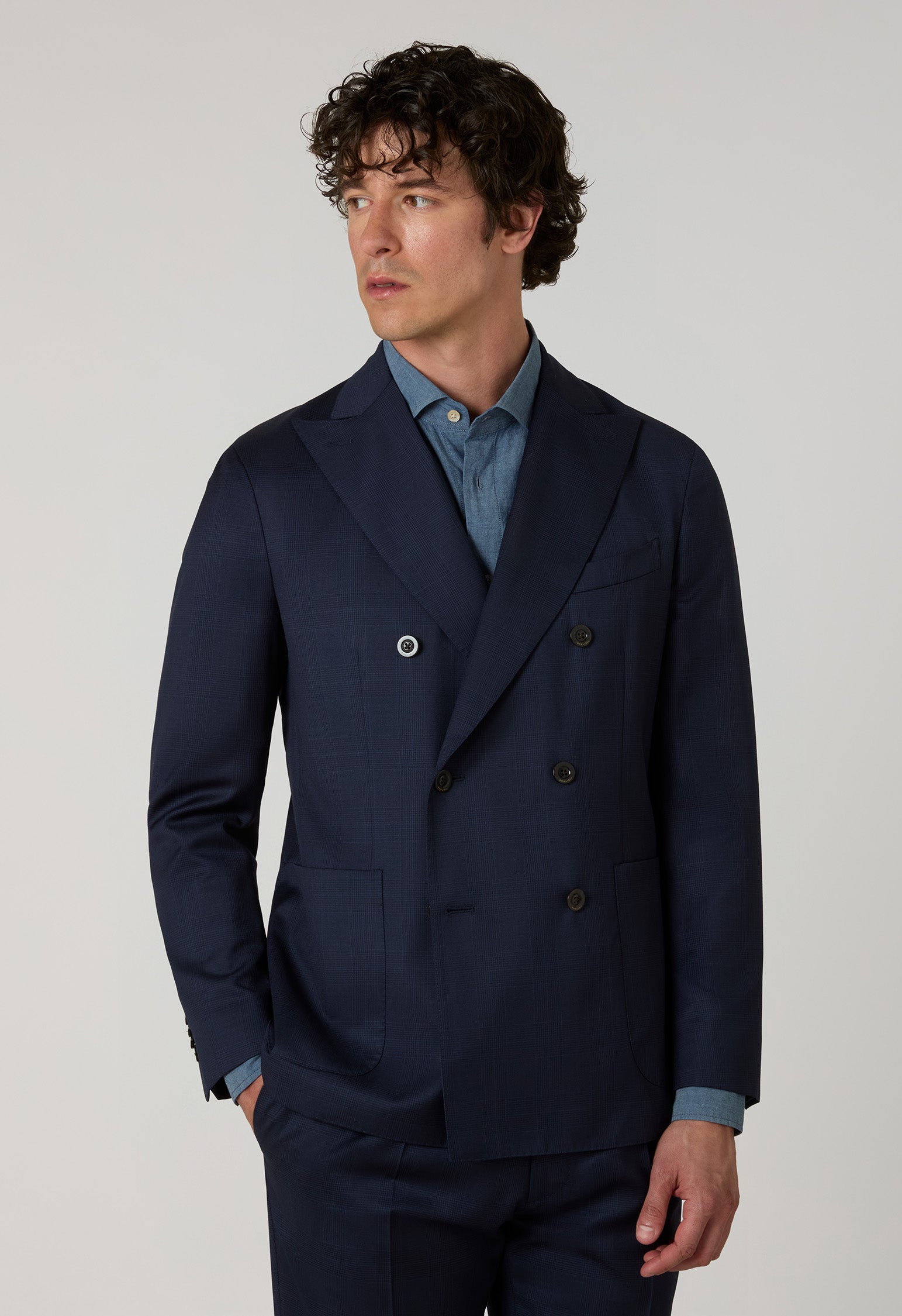 Blue Prince of Wales Wool Double-Breasted K-Suit