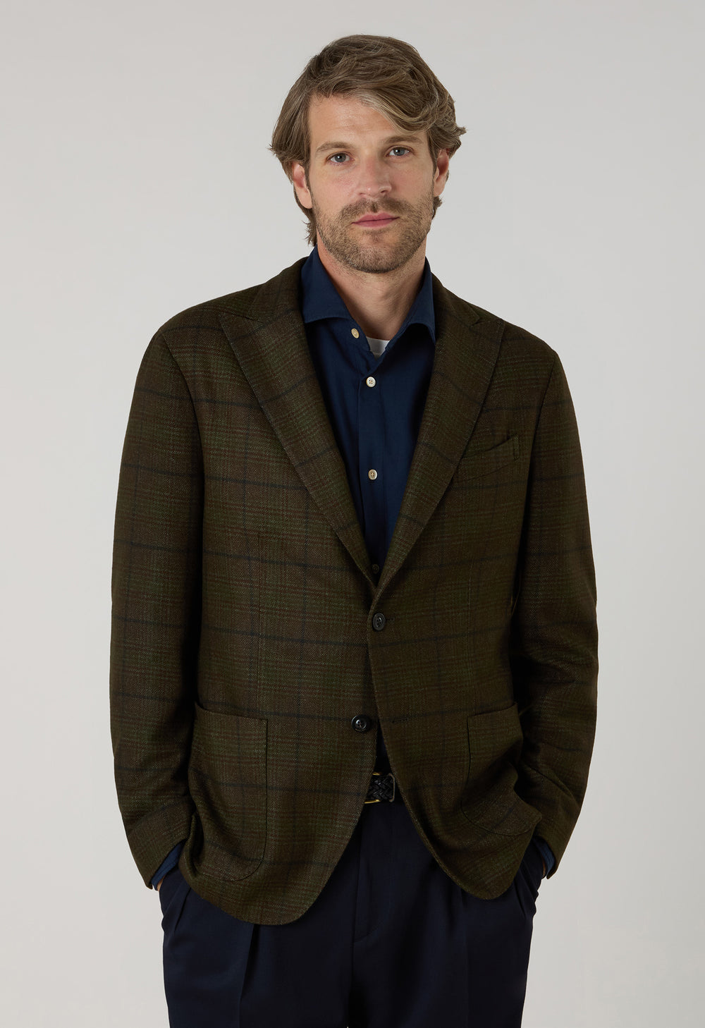 Green Garment Dyed Overcheck Wool K-Jacket