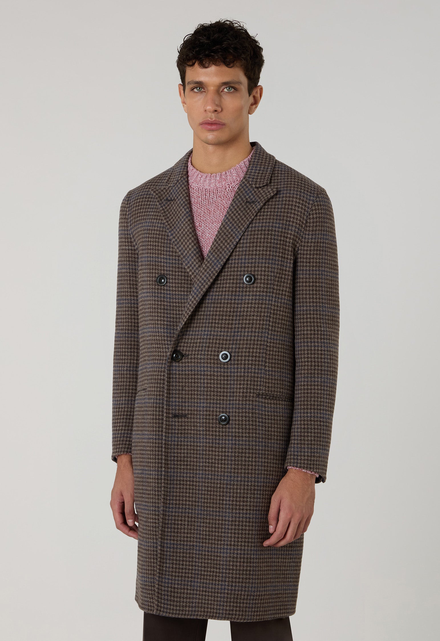 Cappotto doppiopetto in lana e cashmere pied-de-poule marrone
