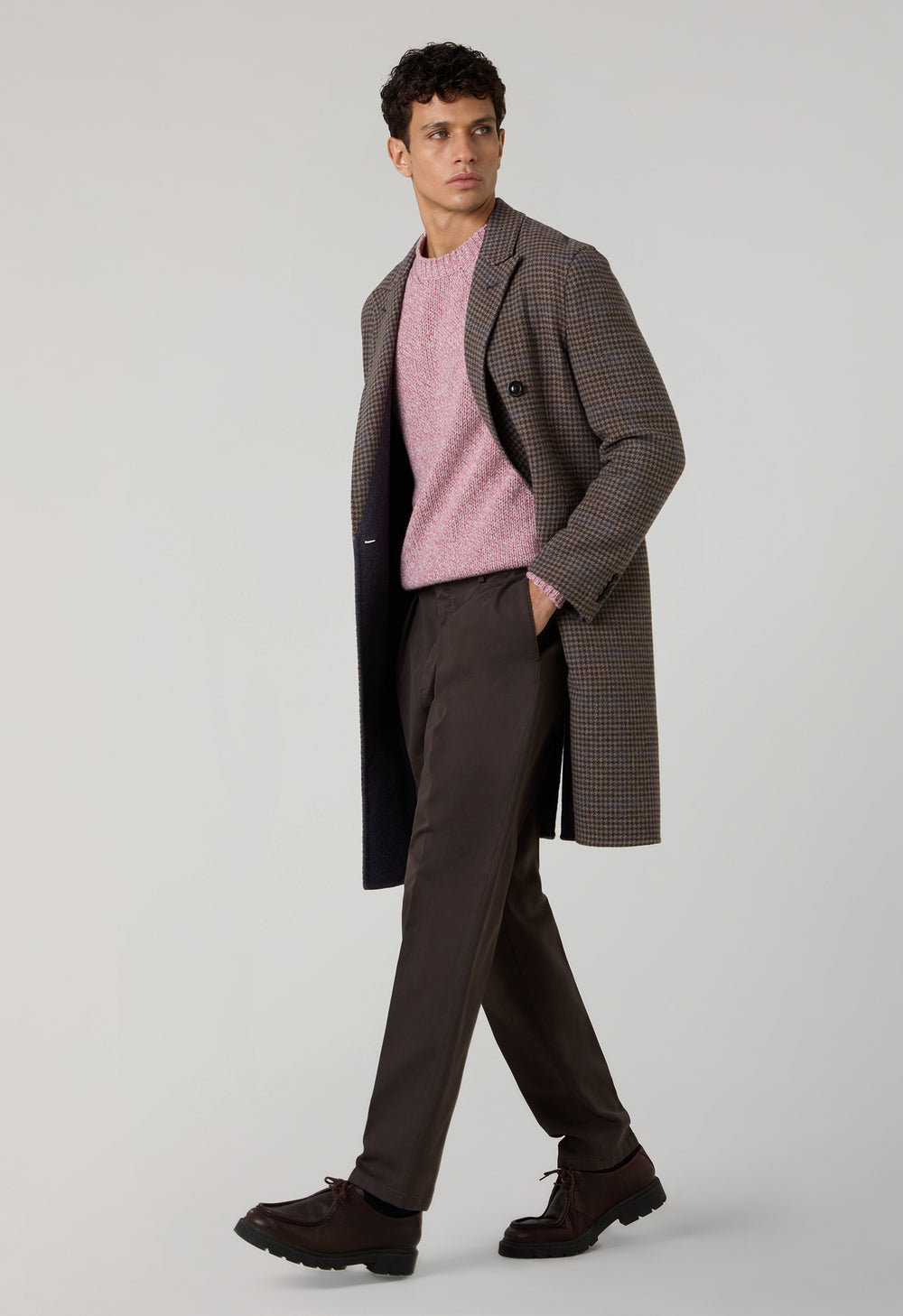 Cappotto doppiopetto in lana e cashmere pied-de-poule marrone