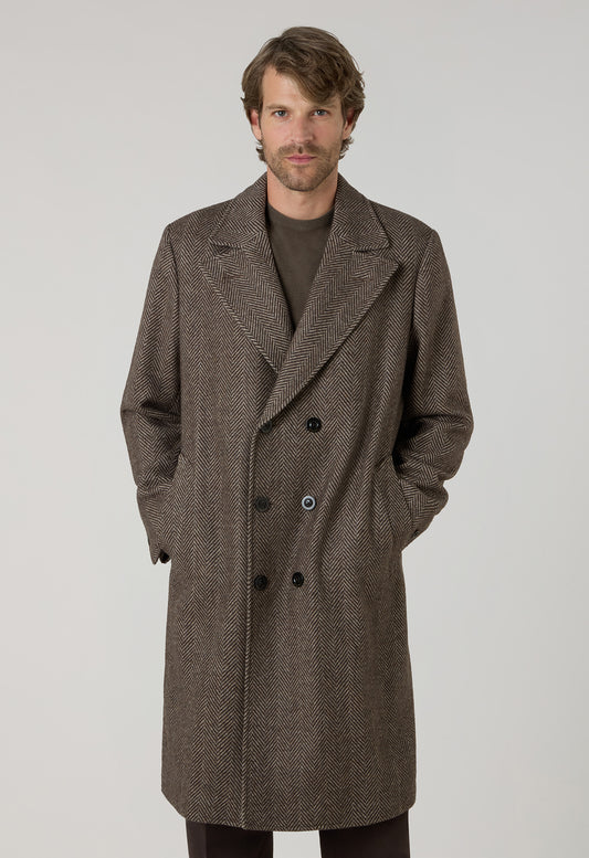 Brown Cashmere Herringbone double-breasted Coat