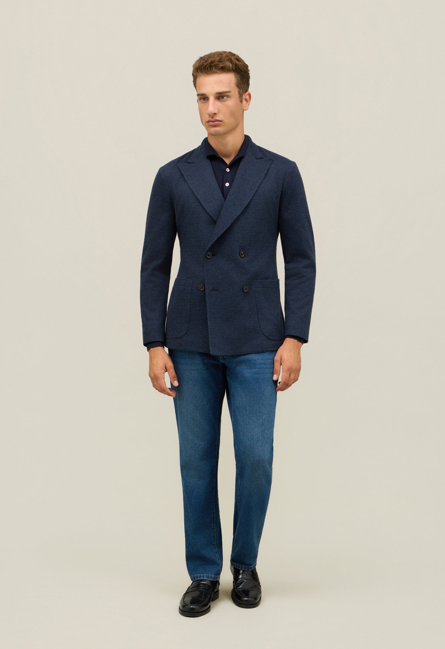 Blue Houndstooth Jersey double-breasted Easy Jacket