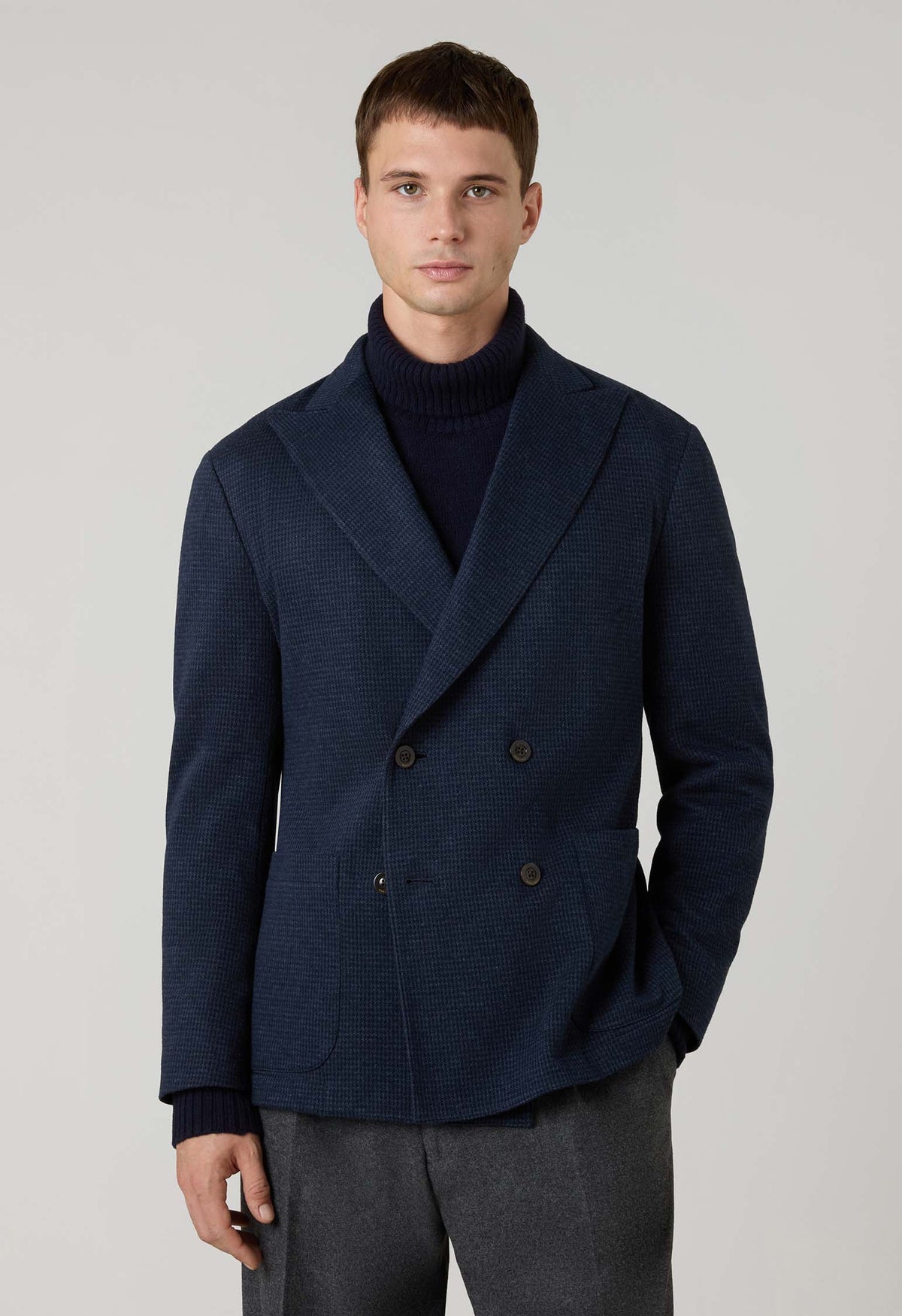 Blue Houndstooth Jersey double-breasted Easy Jacket