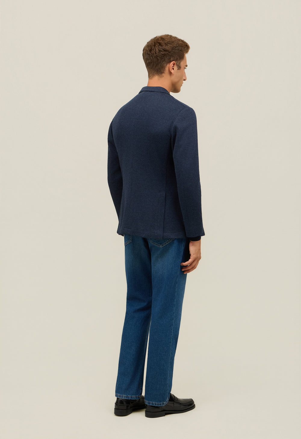 Giacca easy doppiopetto in jersey pied-de-poule blu
