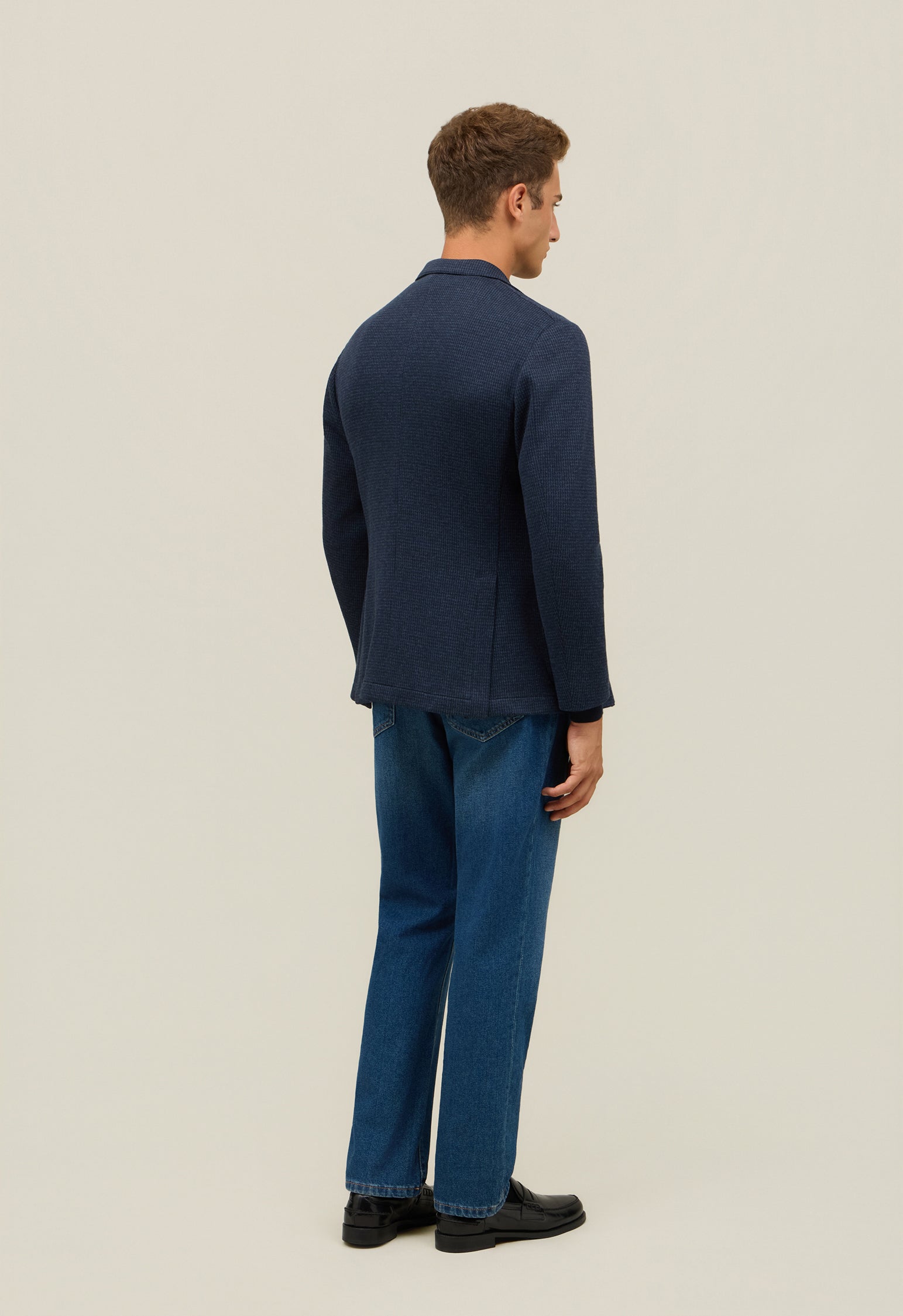 Giacca easy doppiopetto in jersey pied-de-poule blu
