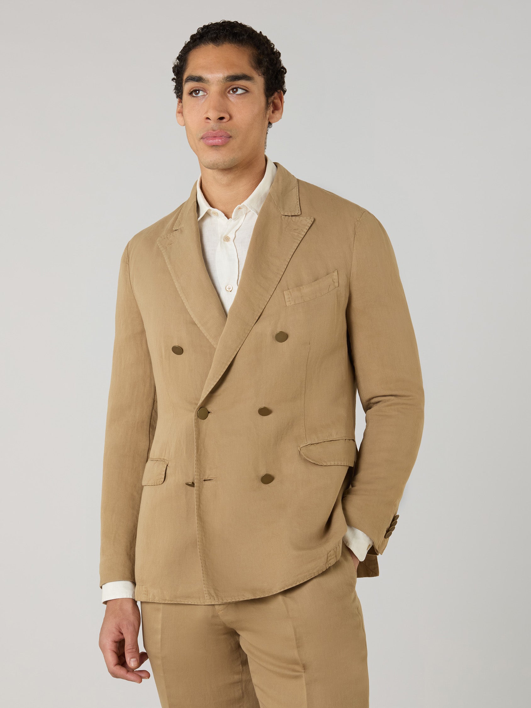 BOGLIOLI MILANO DOVER リネン アンコンジャケット 46 Camel Garment Dyed Cotton Linen Satin Double-Breasted Dover Suit