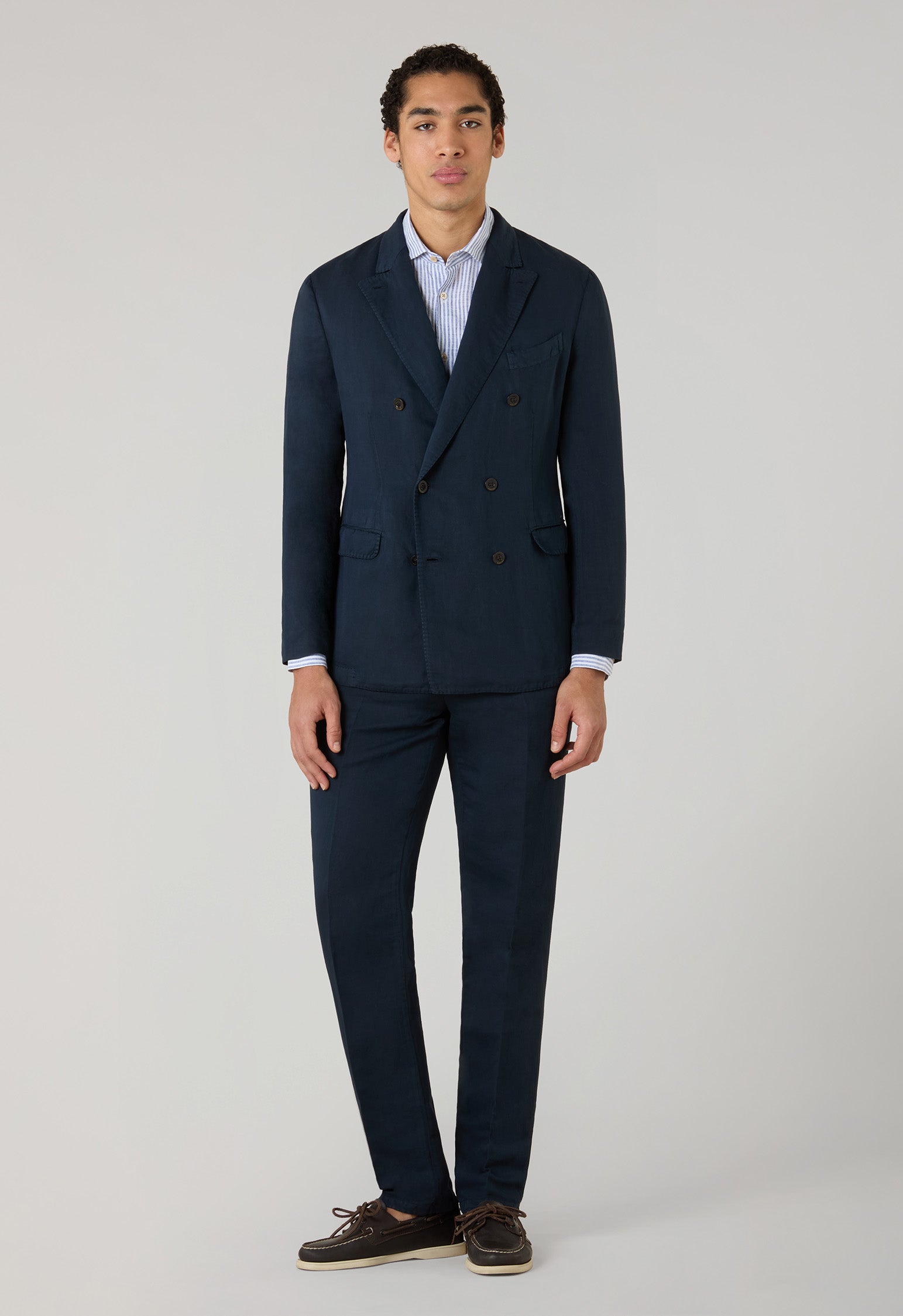Blue Garment Dyed Cotton Linen Satin Double-Breasted Dover Suit