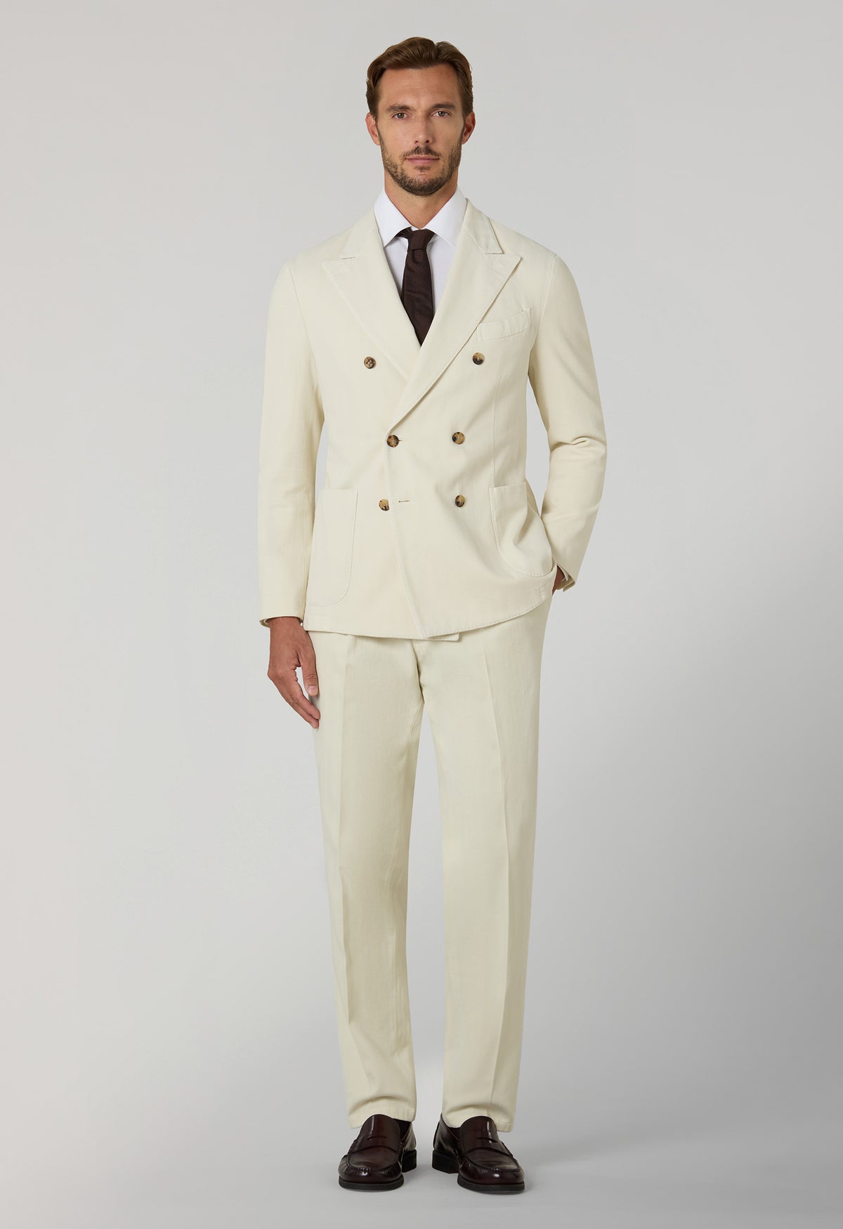 White Garment Dyed Cotton Herringbone double-breasted Dover Suit