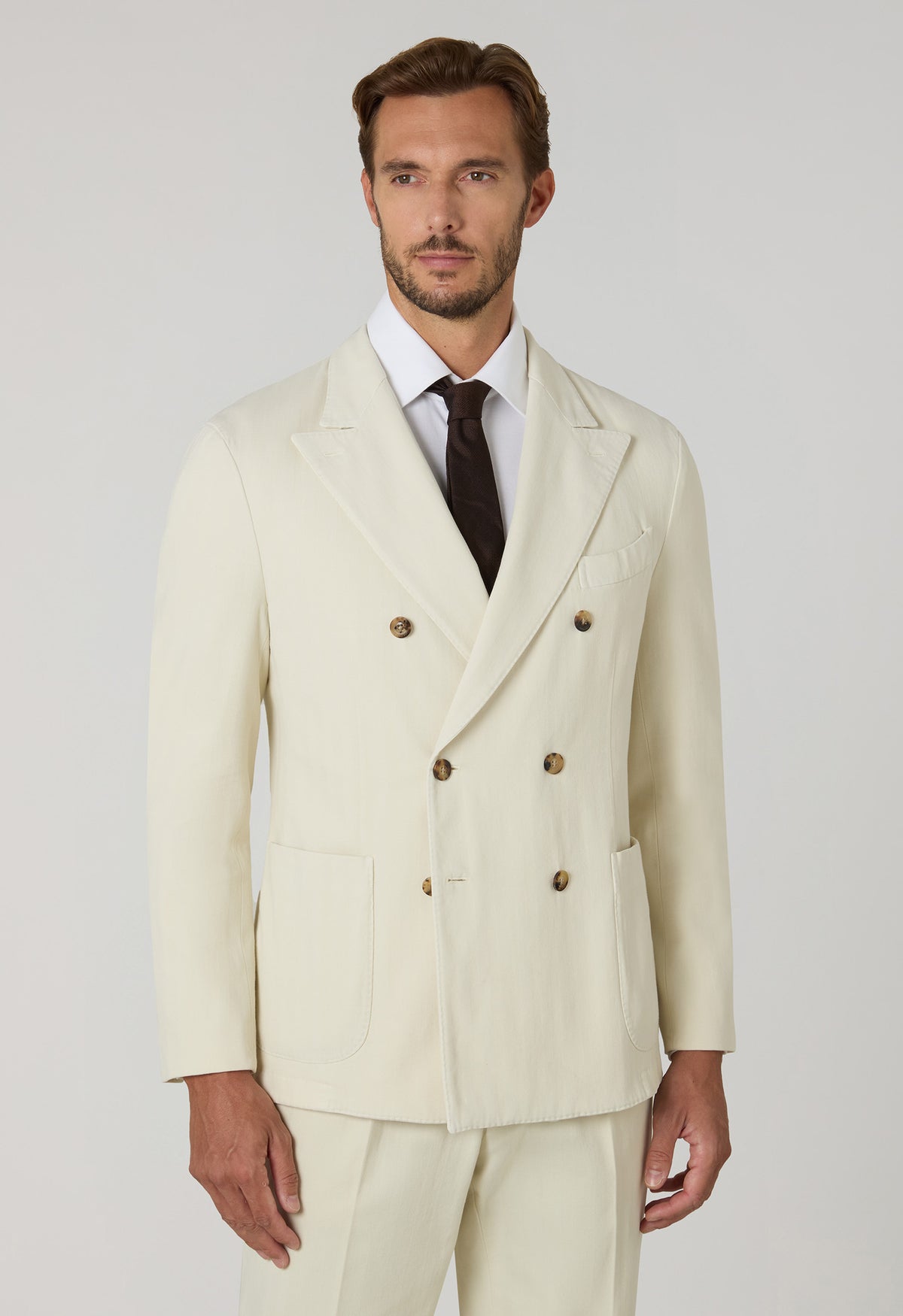 White Garment Dyed Cotton Herringbone double-breasted Dover Suit