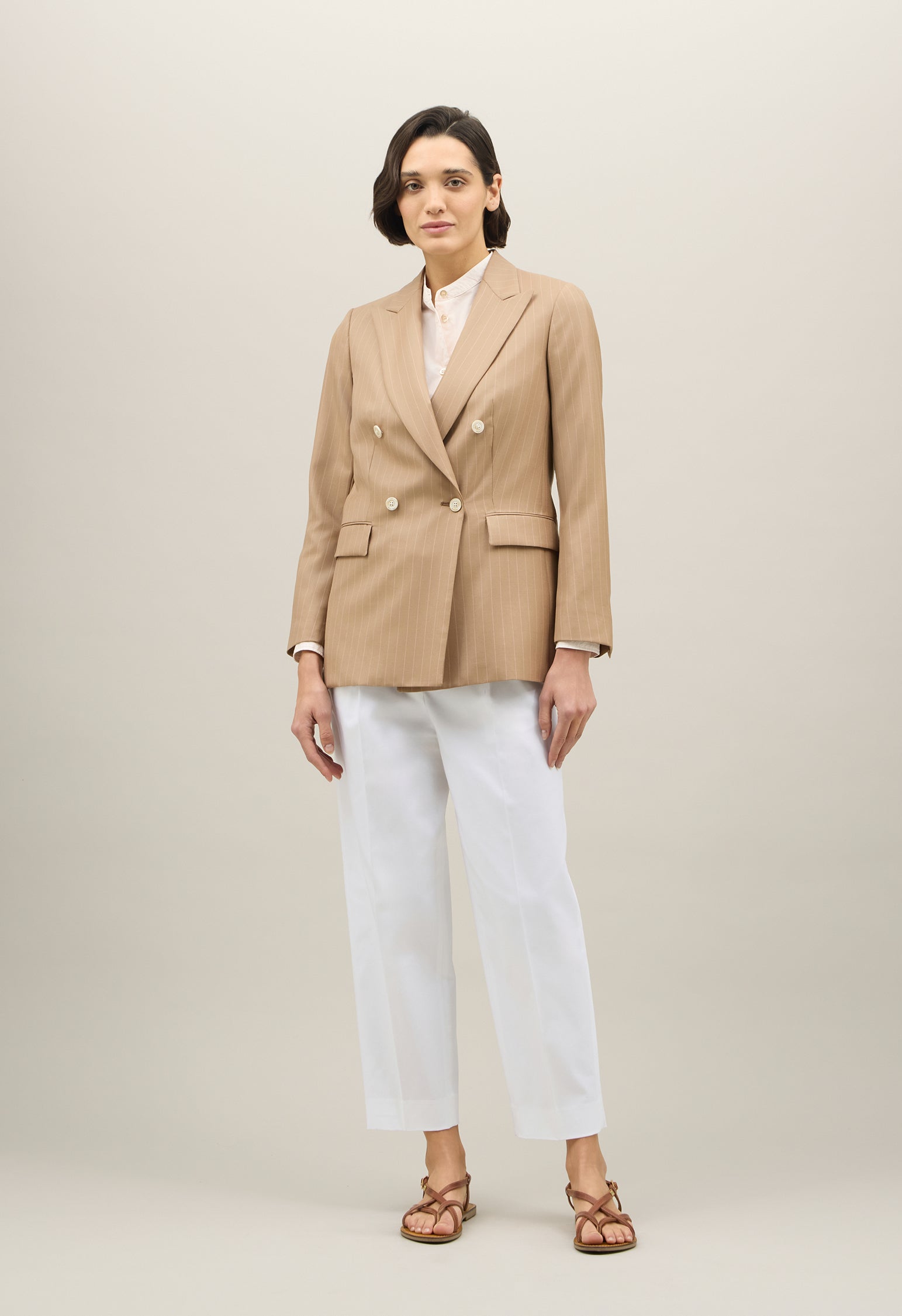 Beige Pinstripe Wool Bianca Blazer