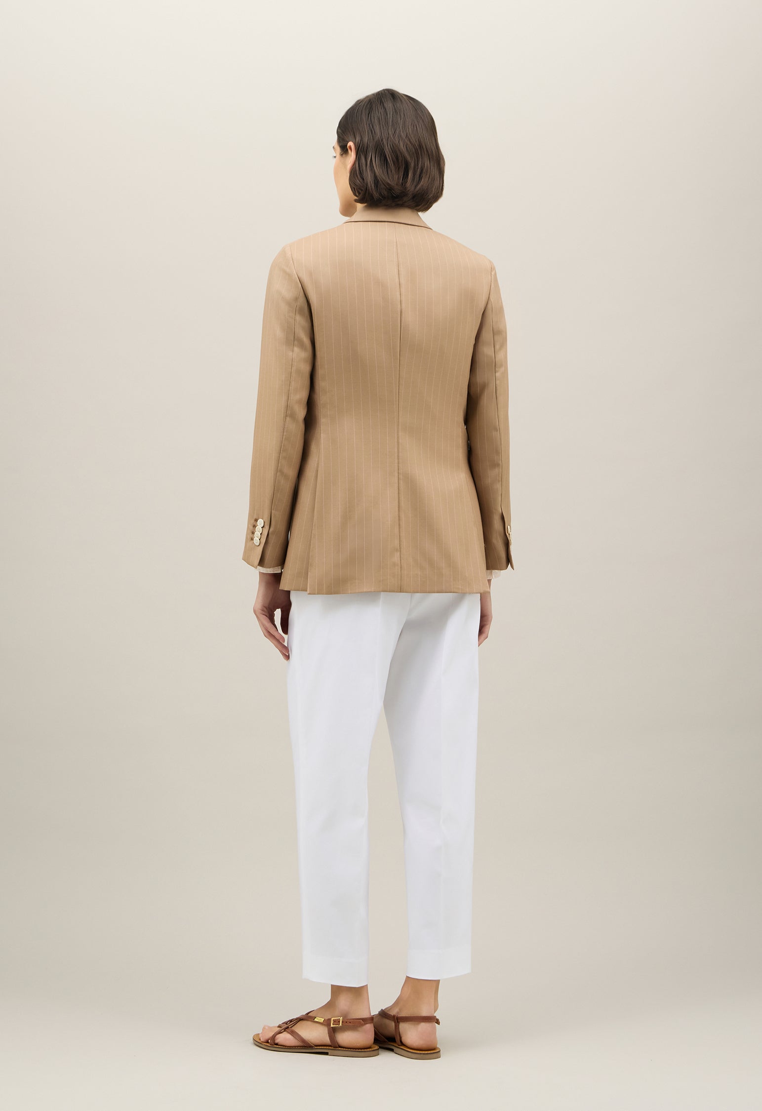 Beige Pinstripe Wool Bianca Blazer