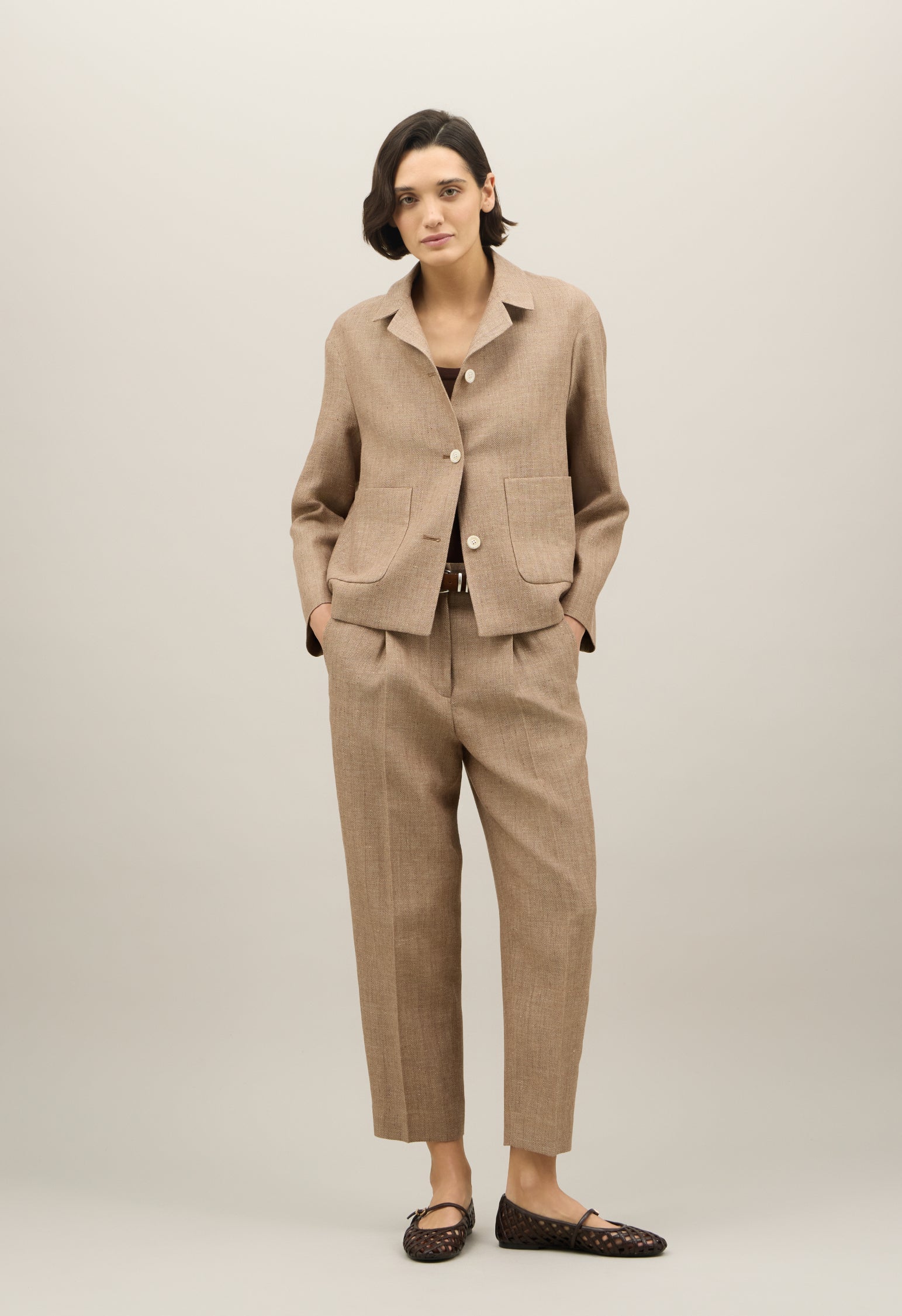 Brown Blended Linen herringbone Margot Blazer