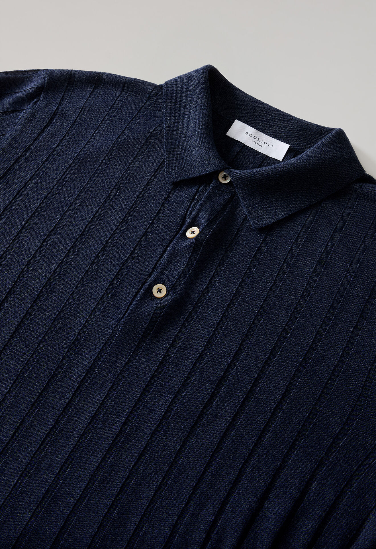 Boglioli Kurzarm-Polohemd aus flachem Leinen-Baumwolle-Rippstrick Blau 91303SB6804001080780