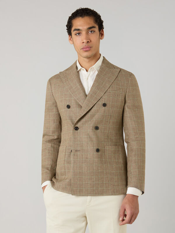 Boglioli Linen Prince of Wales double-breasted K-Jacket Wheat/Pattern N4302ESB602200150R0330