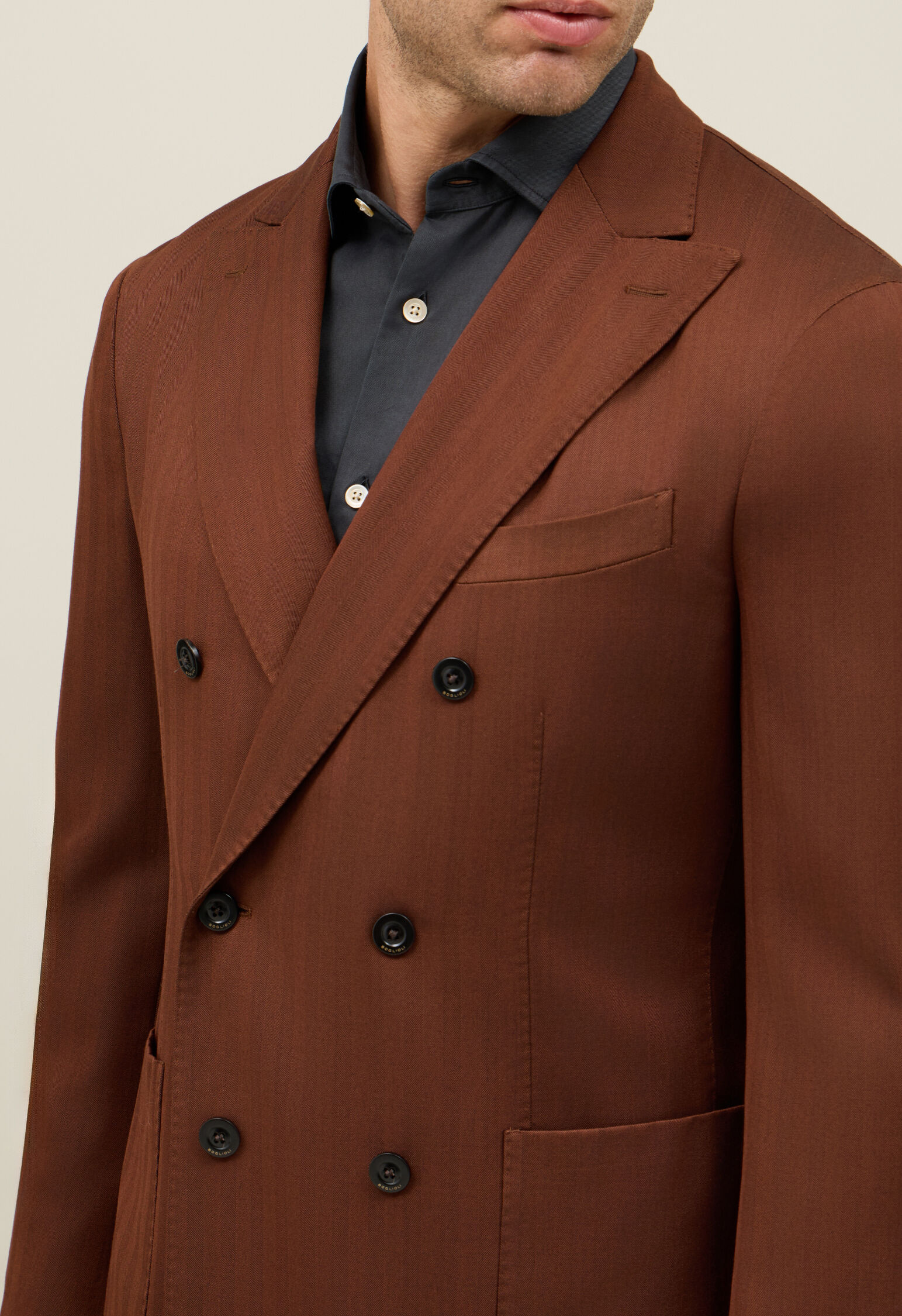 Stretch Wool Herringbone double-breasted K-Jacket in Rusty: Luxury