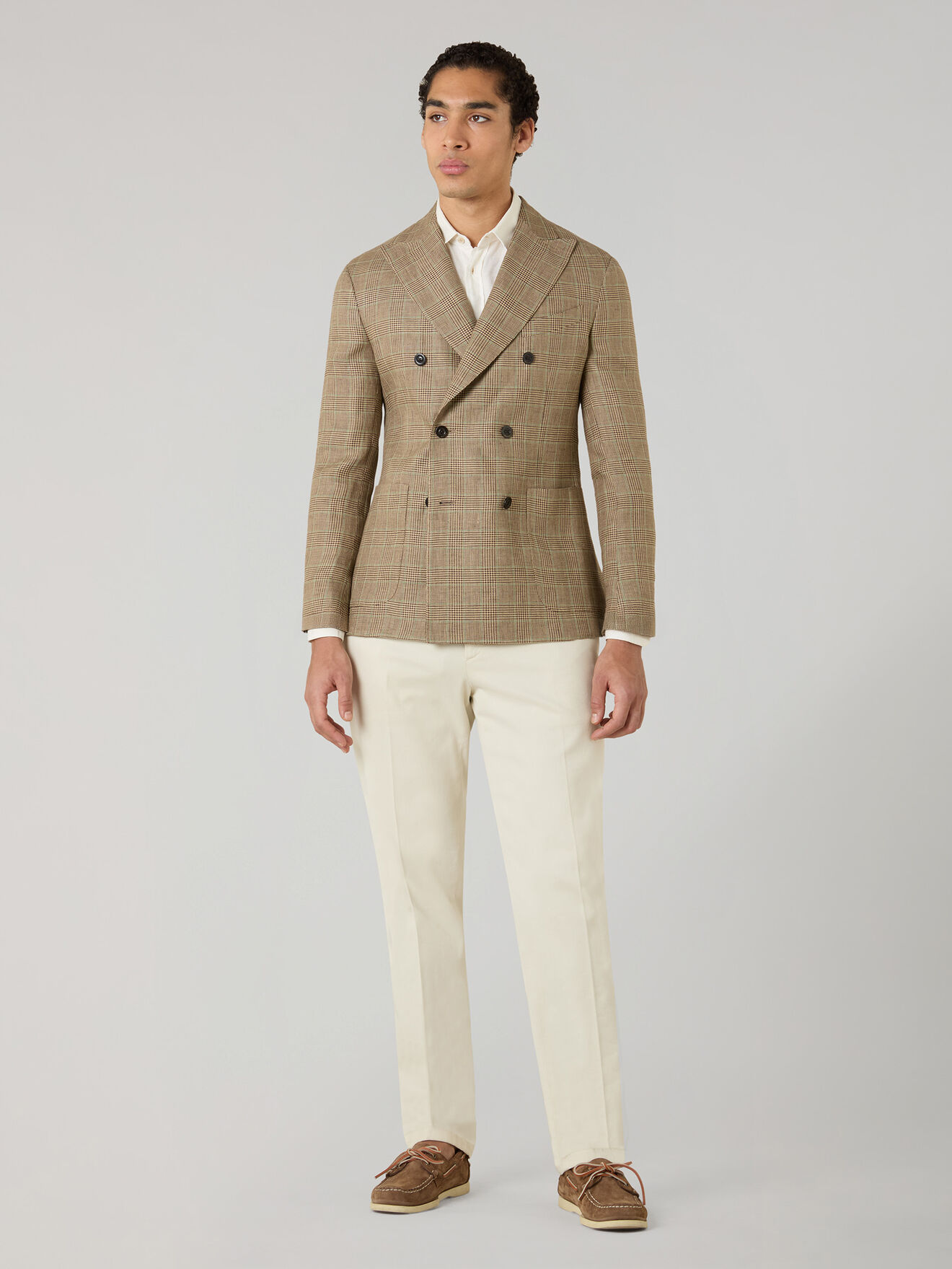 Boglioli Linen Prince of Wales double-breasted K-Jacket Wheat/Pattern N4302ESB602200150R0330