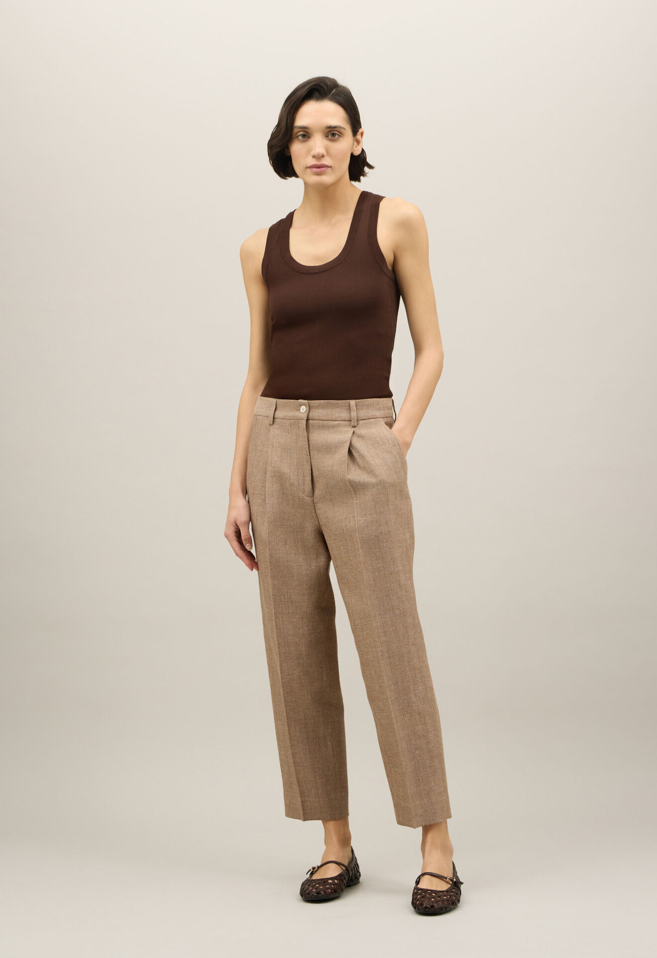 Boglioli Linen blend herringbone Cropped Trousers Brown 88056SB5935002150440