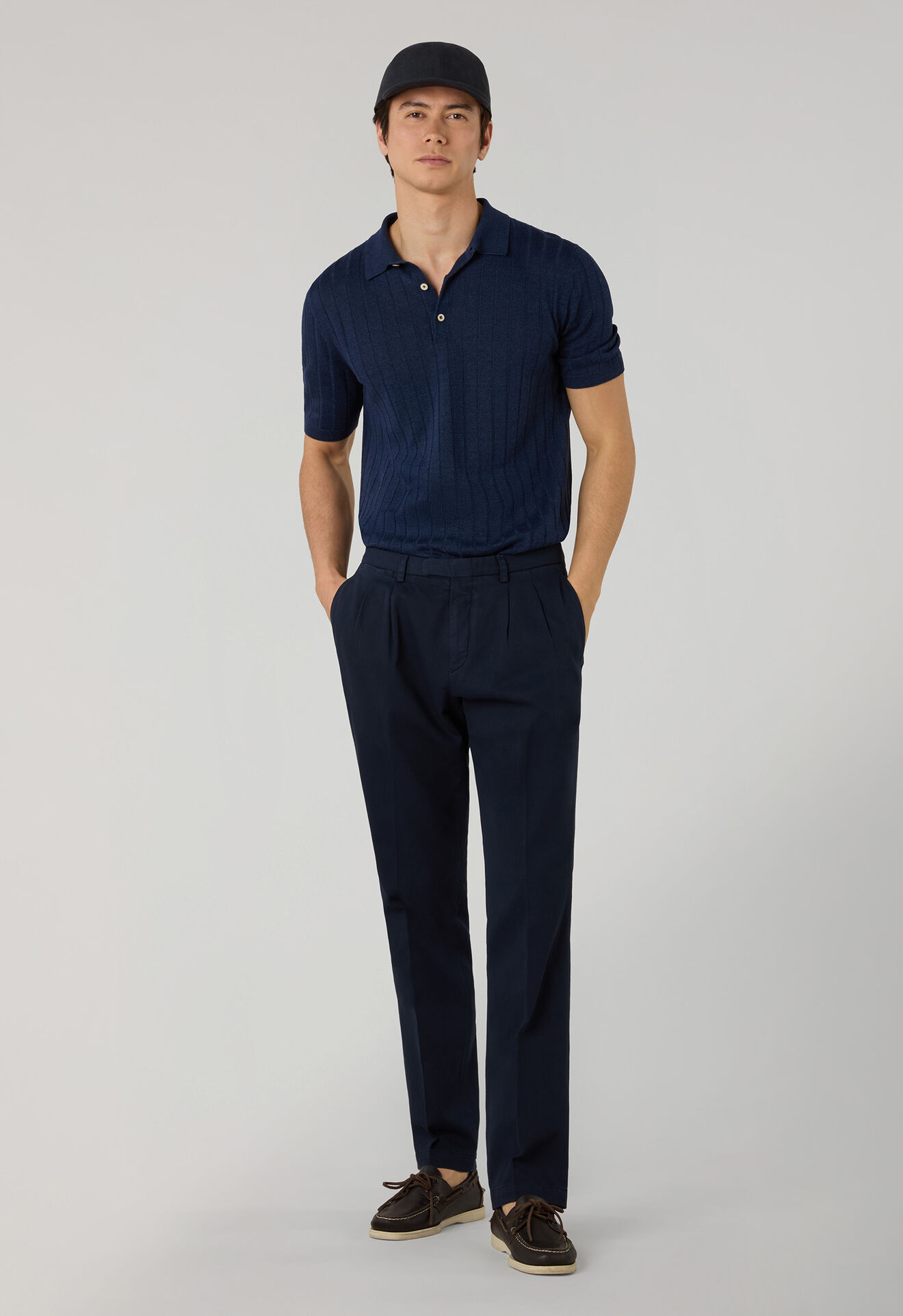 Boglioli Kurzarm-Polohemd aus flachem Leinen-Baumwolle-Rippstrick Blau 91303SB6804001080780