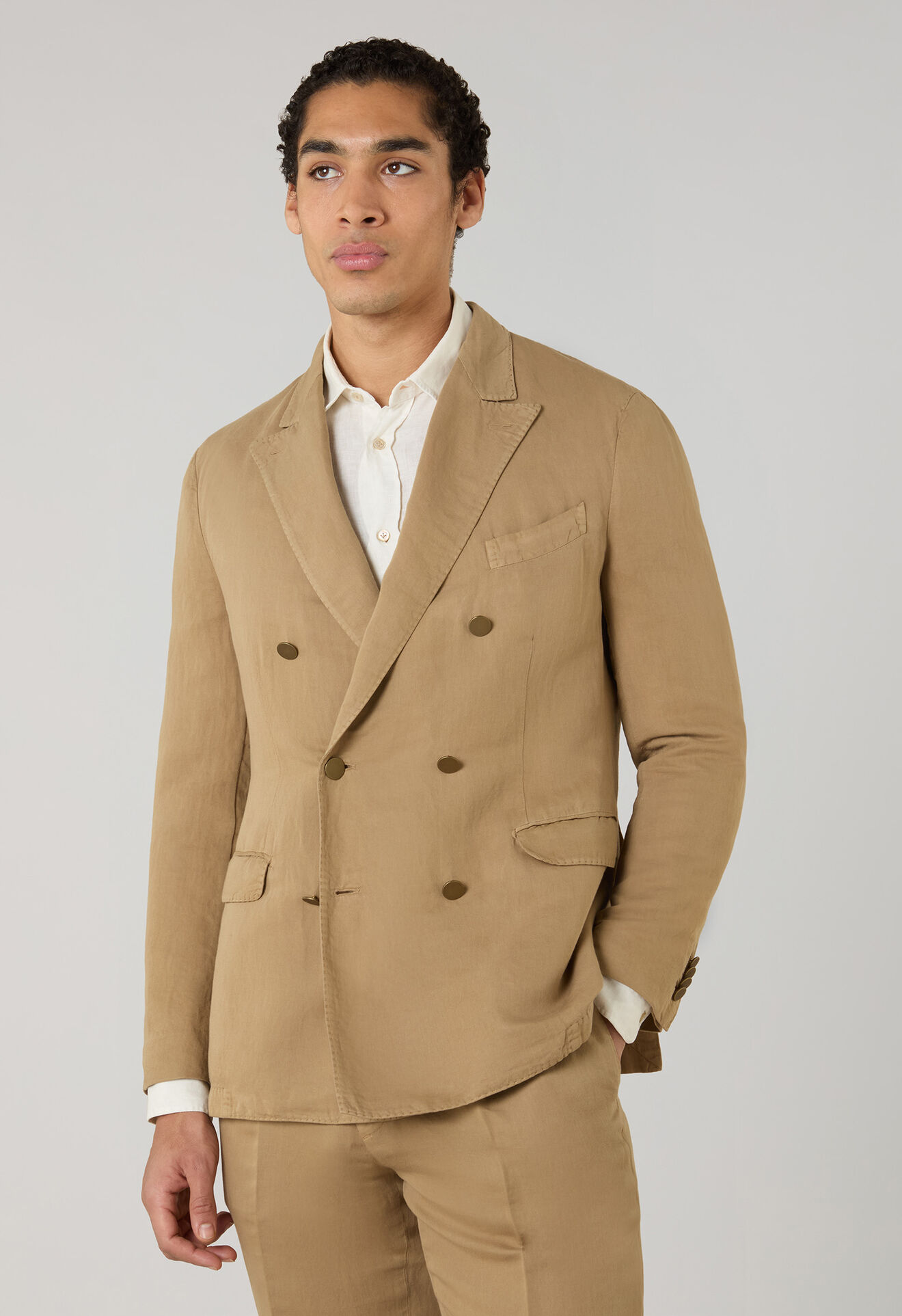 Boglioli Garment Dyed Cotton Linen Satin double-breasted Dover Suit Camel X42H2QSA0444001236R0316