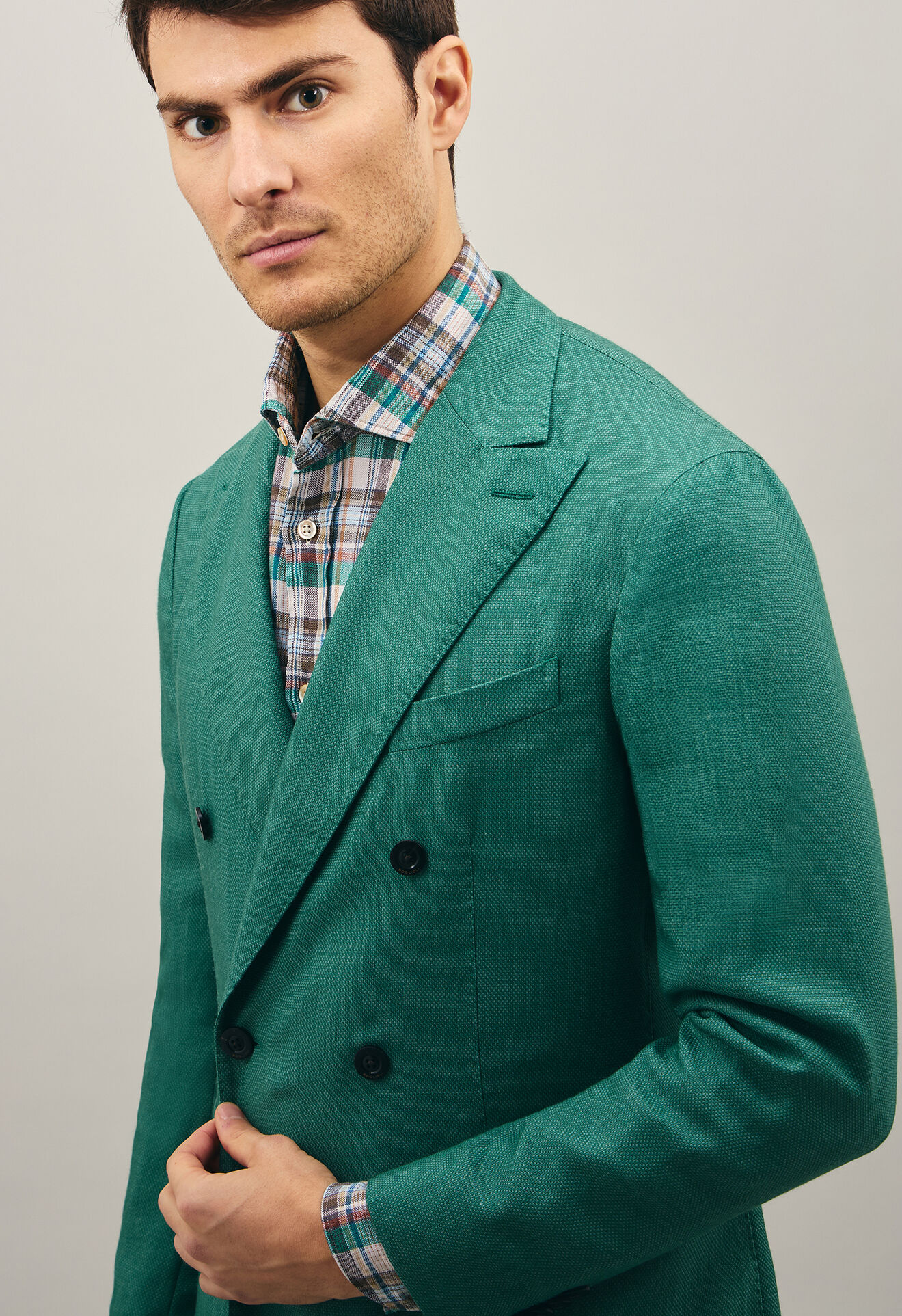 Boglioli Double-breasted blend Wool Hopsack K-Jacket Darkgreen-turquoise N4302JSB341600150R0547