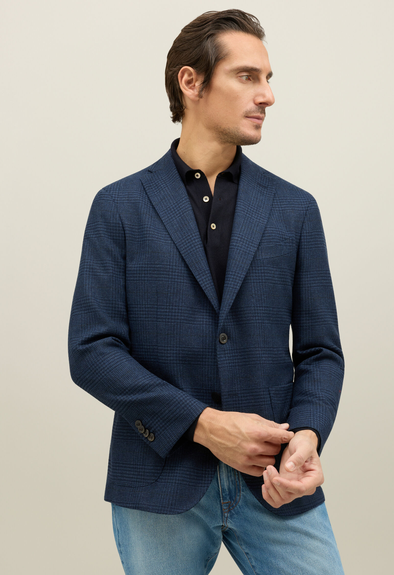 Prince of Wales Wool blend K-Jacket in Blue: Luxury Italian