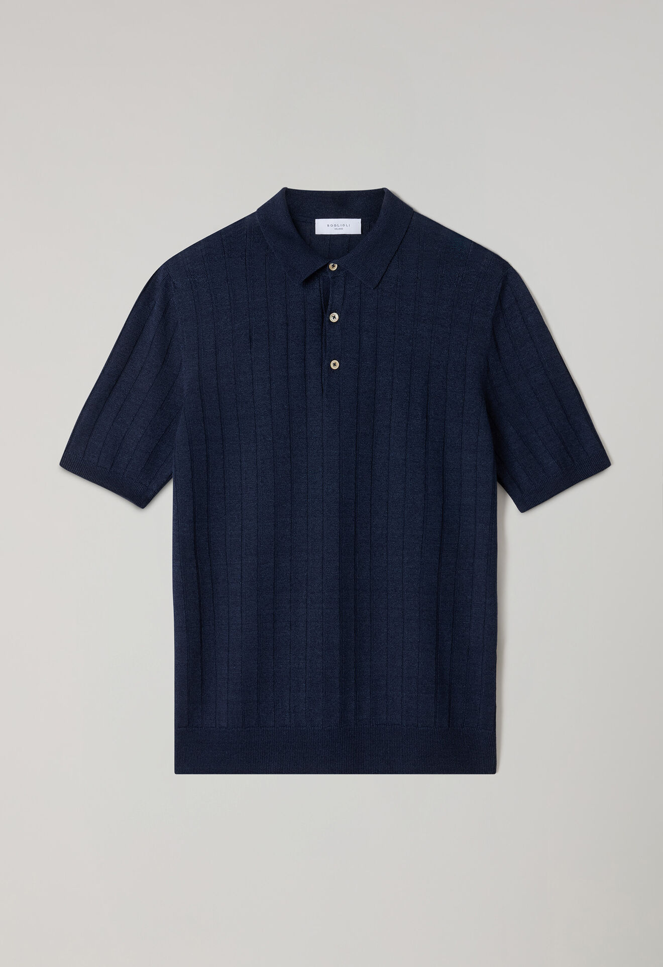 Boglioli Kurzarm-Polohemd aus flachem Leinen-Baumwolle-Rippstrick Blau 91303SB6804001080780