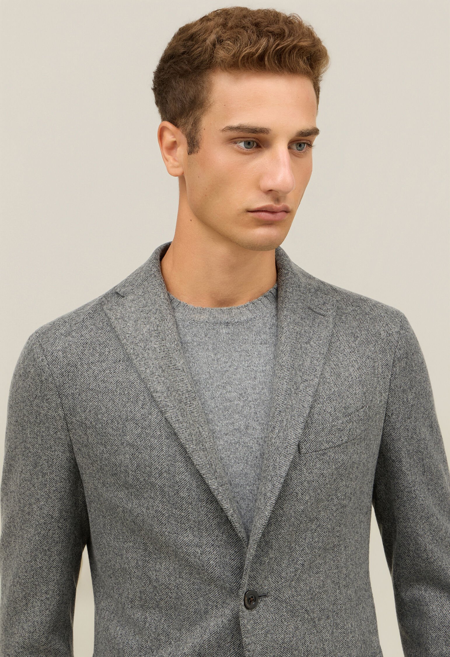 Garment Dyed Wool Herringbone K-Jacket in Grey: Luxury Italian