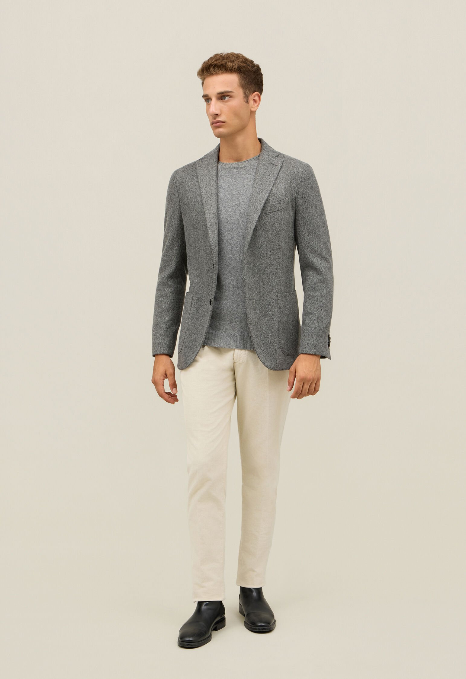 Garment Dyed Wool Herringbone K-Jacket in Grey: Luxury Italian
