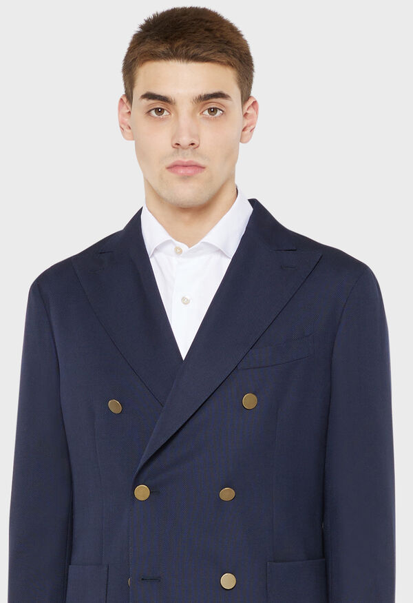Men's double-breasted coat in dark blue wool with gold-colored buttons
