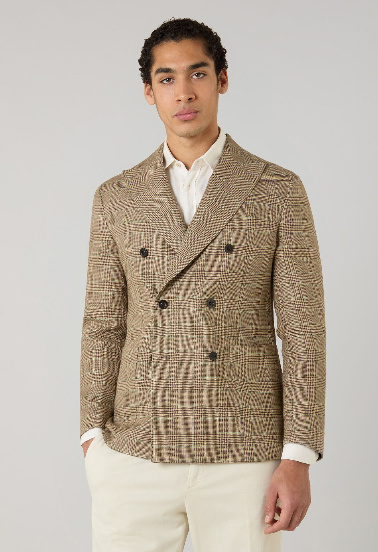 Boglioli Linen Prince of Wales double-breasted K-Jacket Wheat/Pattern N4302ESB602200150R0330