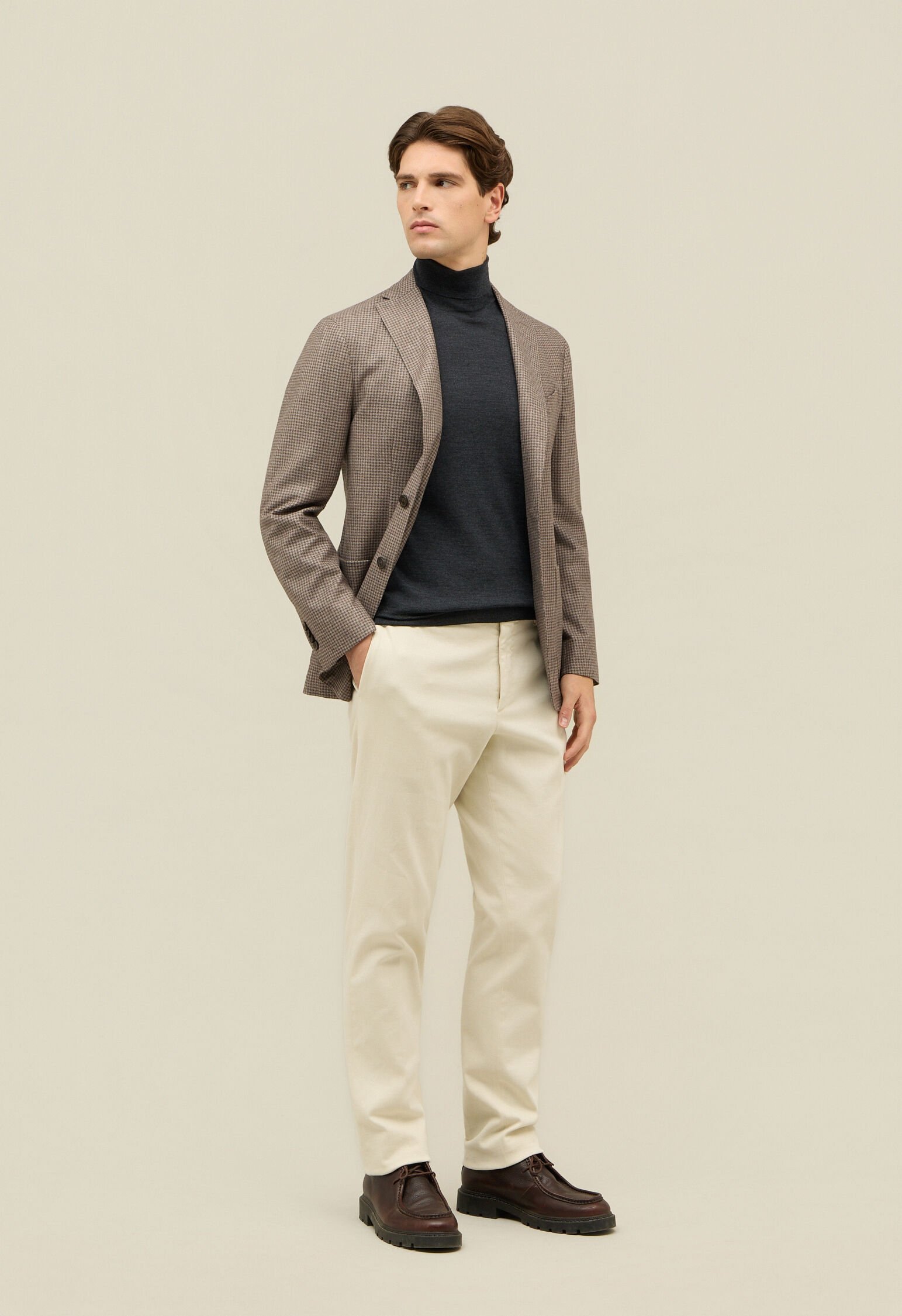 Houndstooth Wool Silk blend K-Jacket in Light brown: Luxury