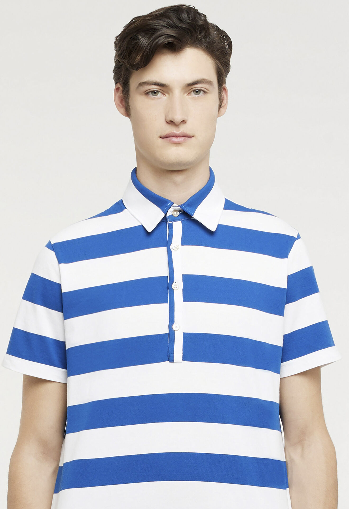 White and blue striped cotton short sleeve polo shirt in Multicolor sky blue: Luxury Italian Knitwear Boglioli®
