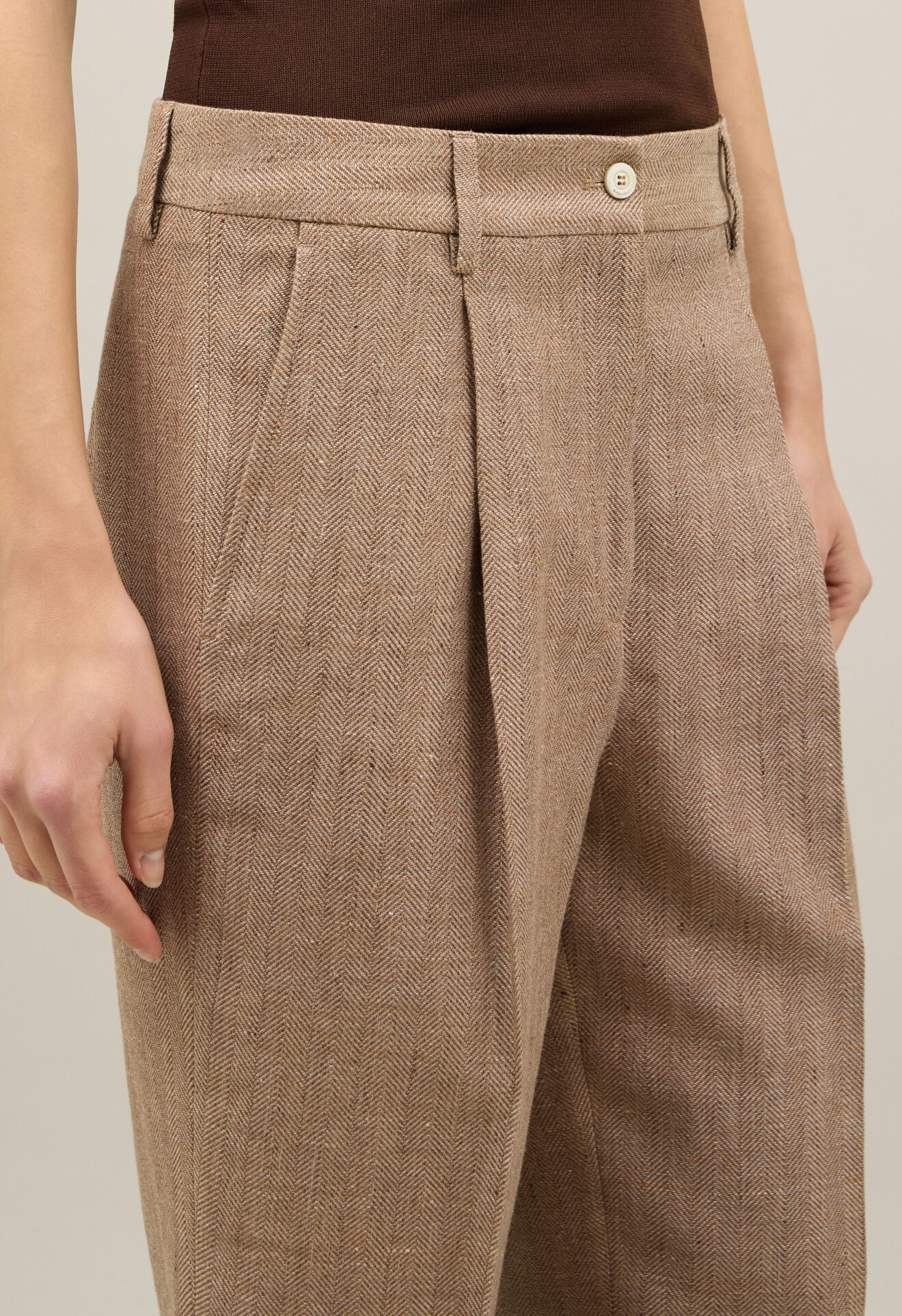 Boglioli Linen blend herringbone Cropped Trousers Brown 88056SB5935002150440