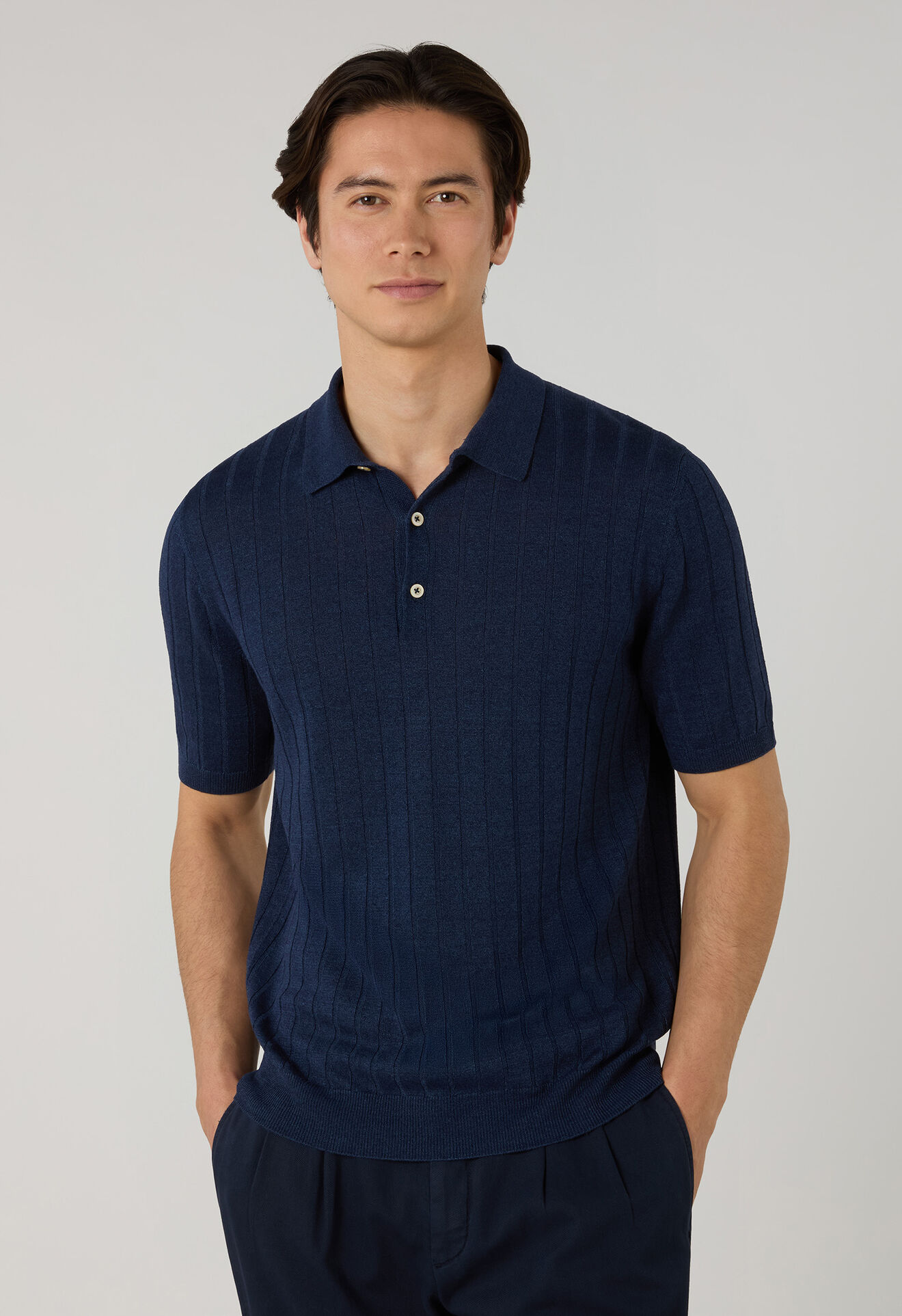 Boglioli Kurzarm-Polohemd aus flachem Leinen-Baumwolle-Rippstrick Blau 91303SB6804001080780