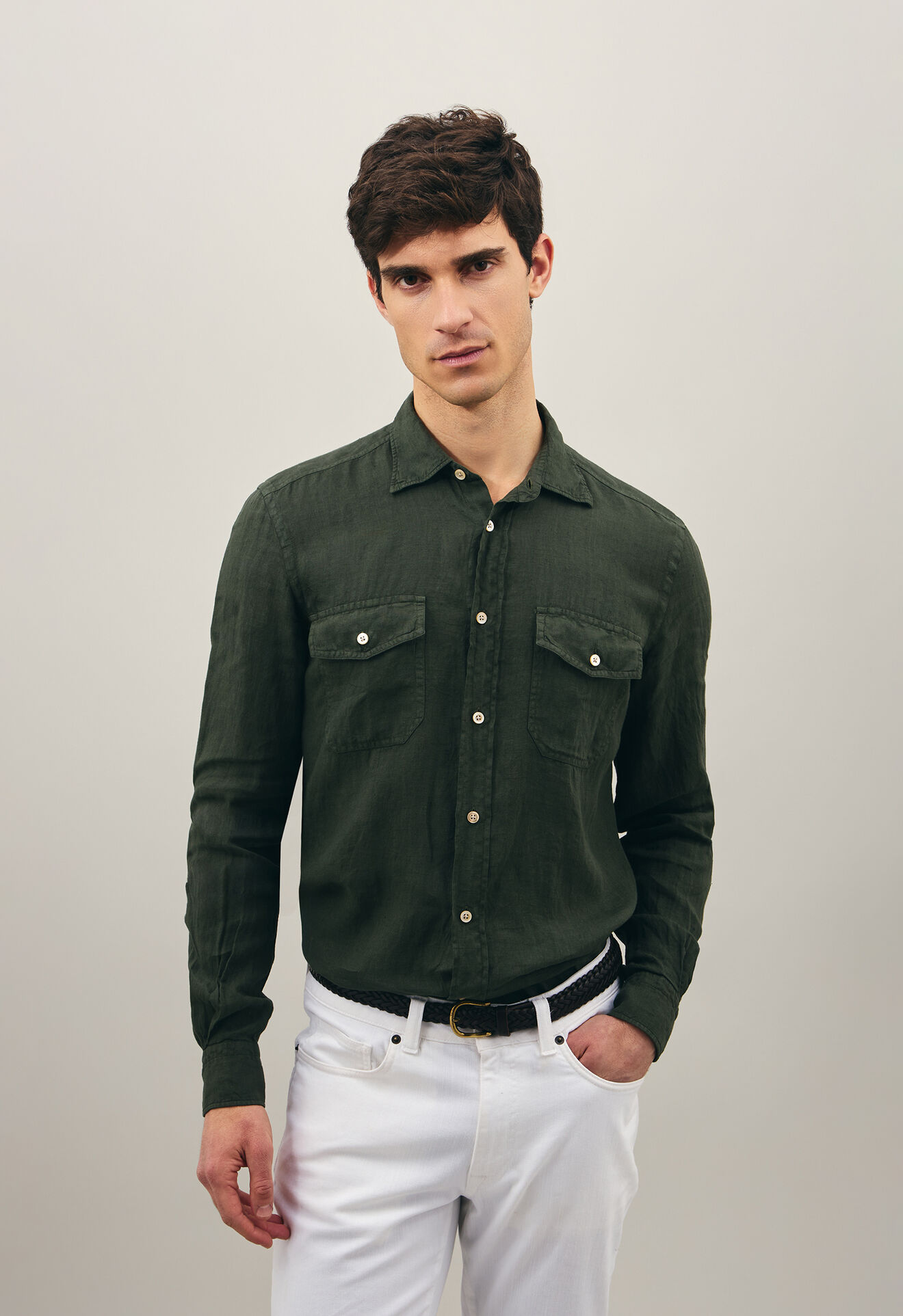 Boglioli Linen Western Shirt Green 589TSB3853001080565