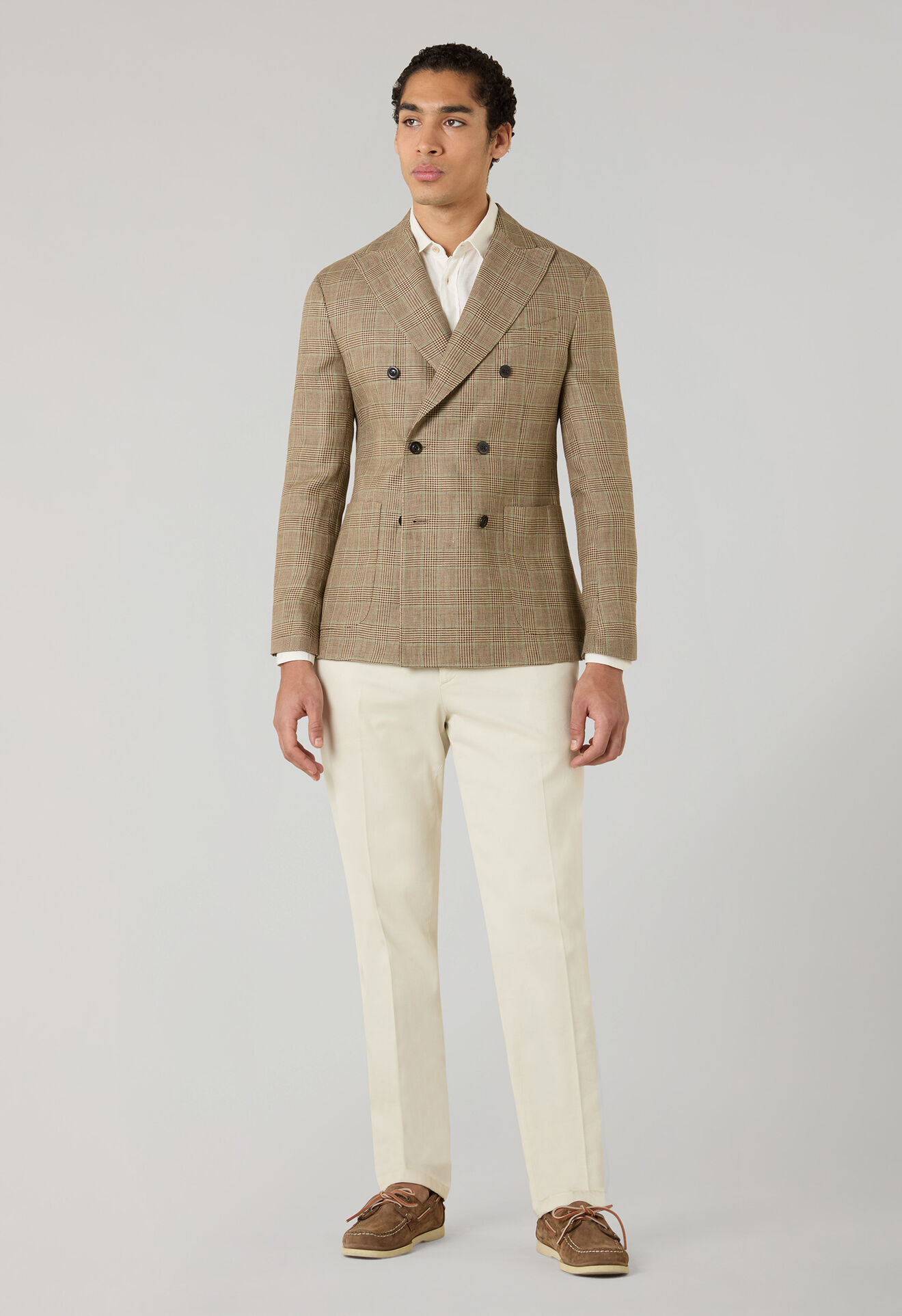 Boglioli Linen Prince of Wales double-breasted K-Jacket Wheat/Pattern N4302ESB602200150R0330