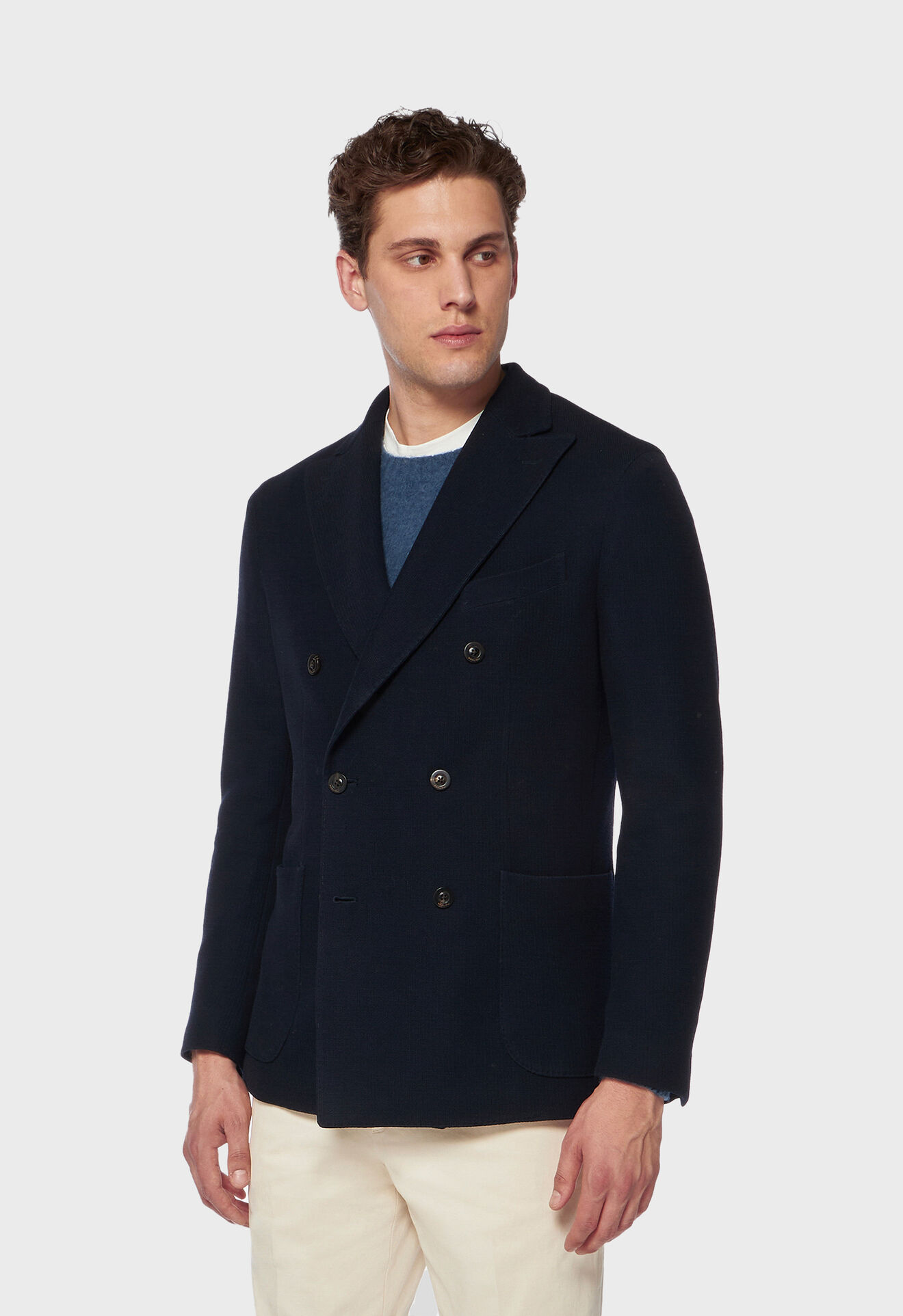 Virgin wool and cotton double-breasted K-Jacket in Dark blue