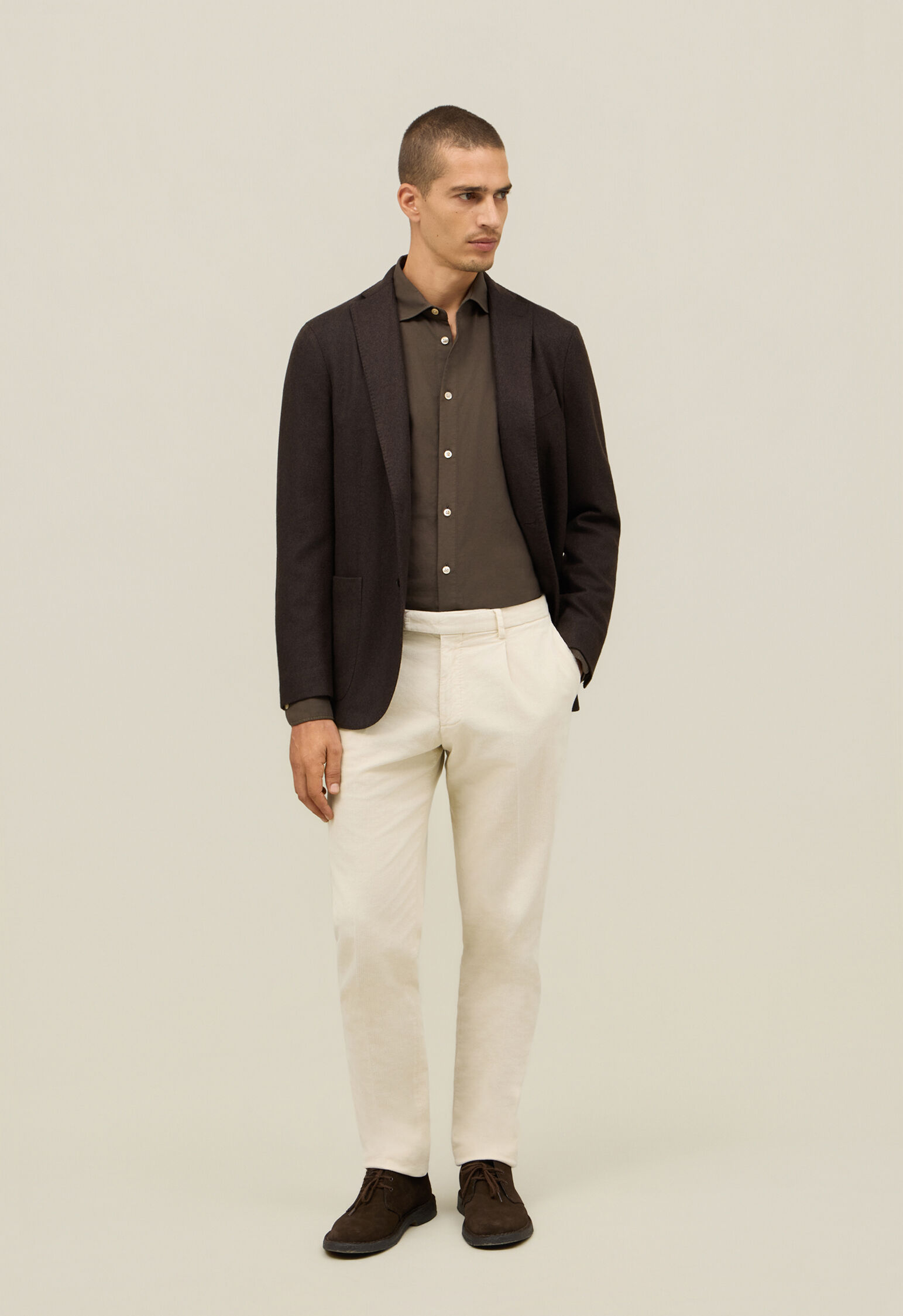 Garment Dyed Wool Herringbone K-Jacket in Brown: Luxury Italian