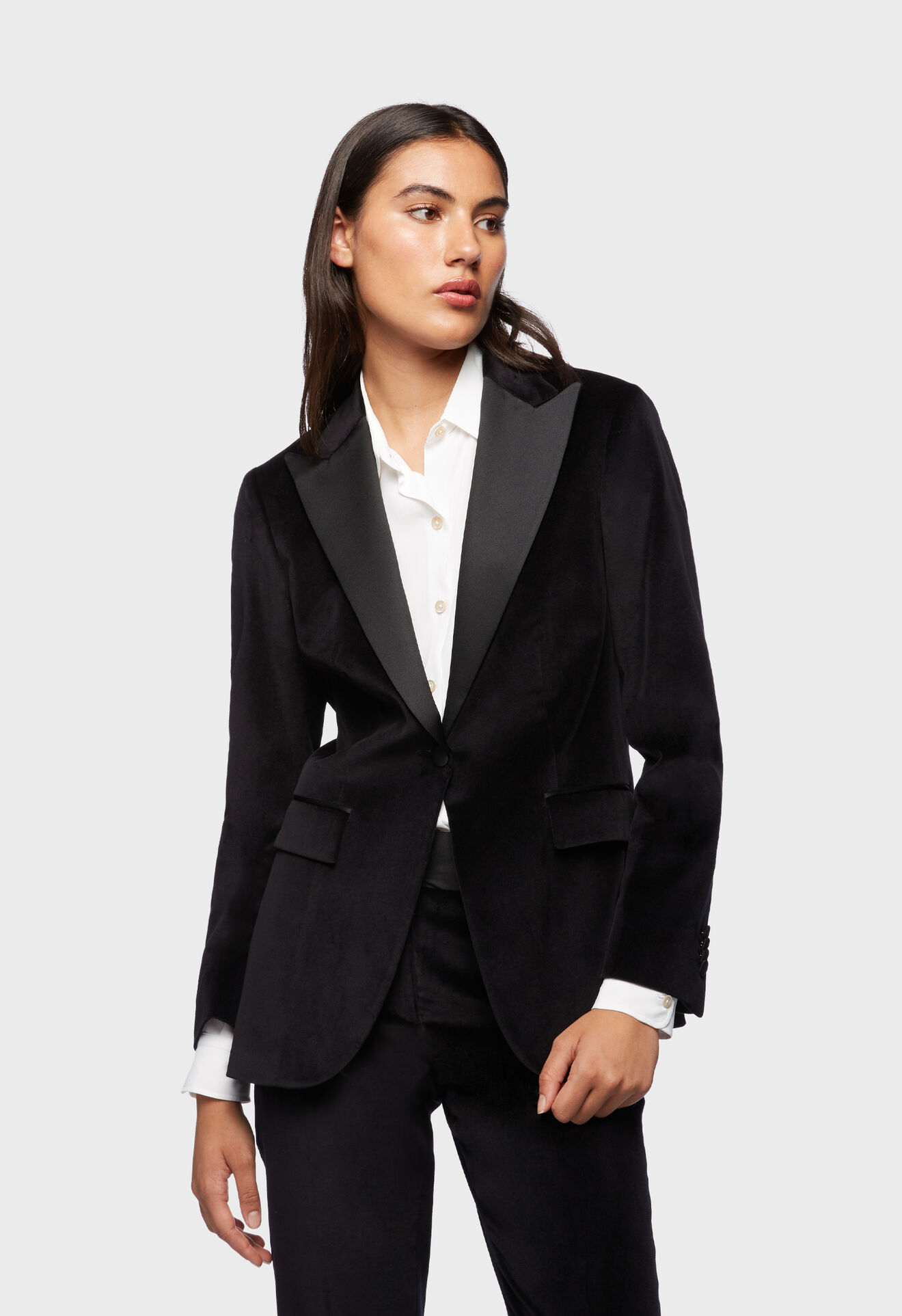 Woman's black velvet-effect cotton trouser suit in Black: Luxury