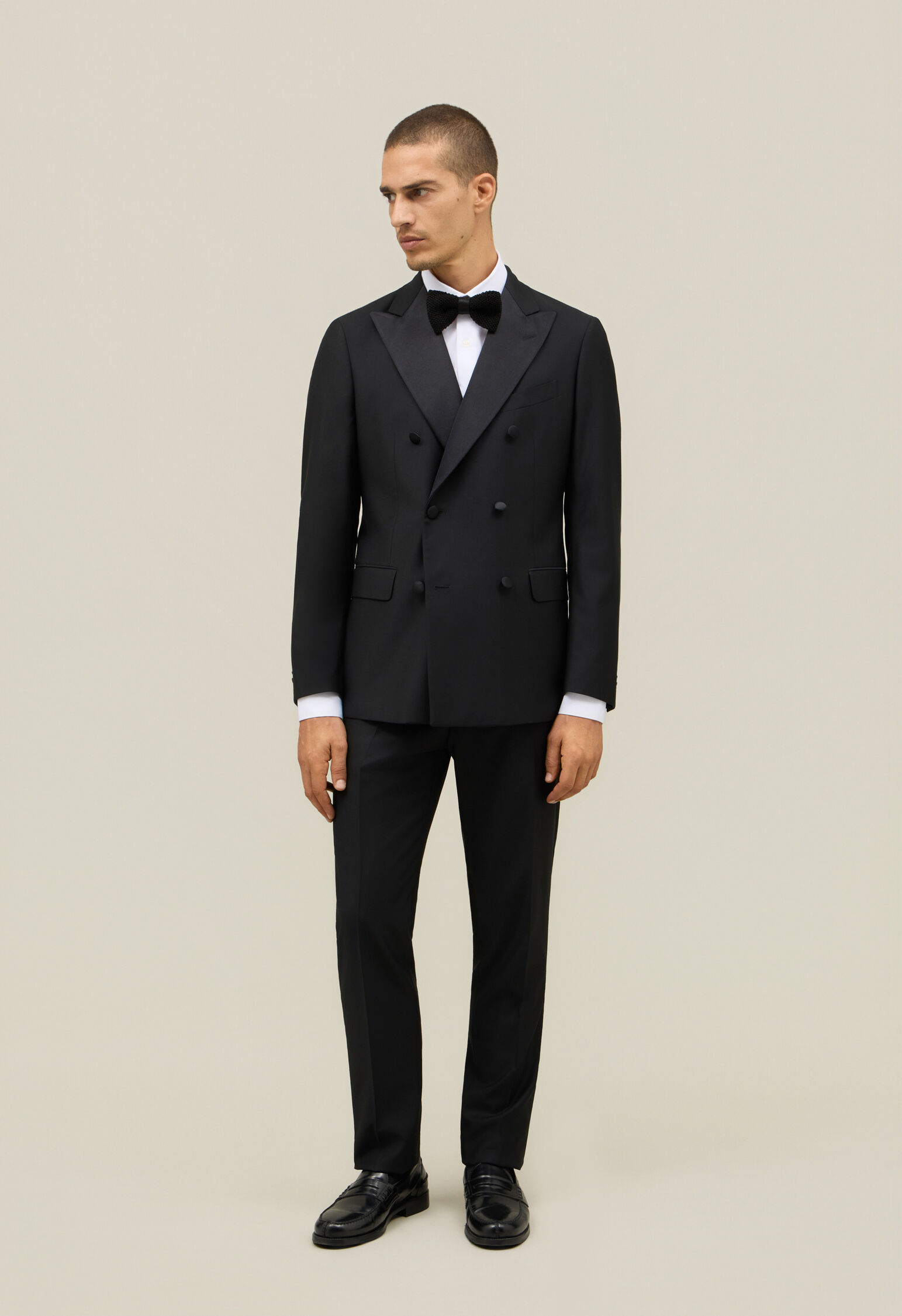 Wool Satin double-breasted Milano Tuxedo in Black: Luxury Italian