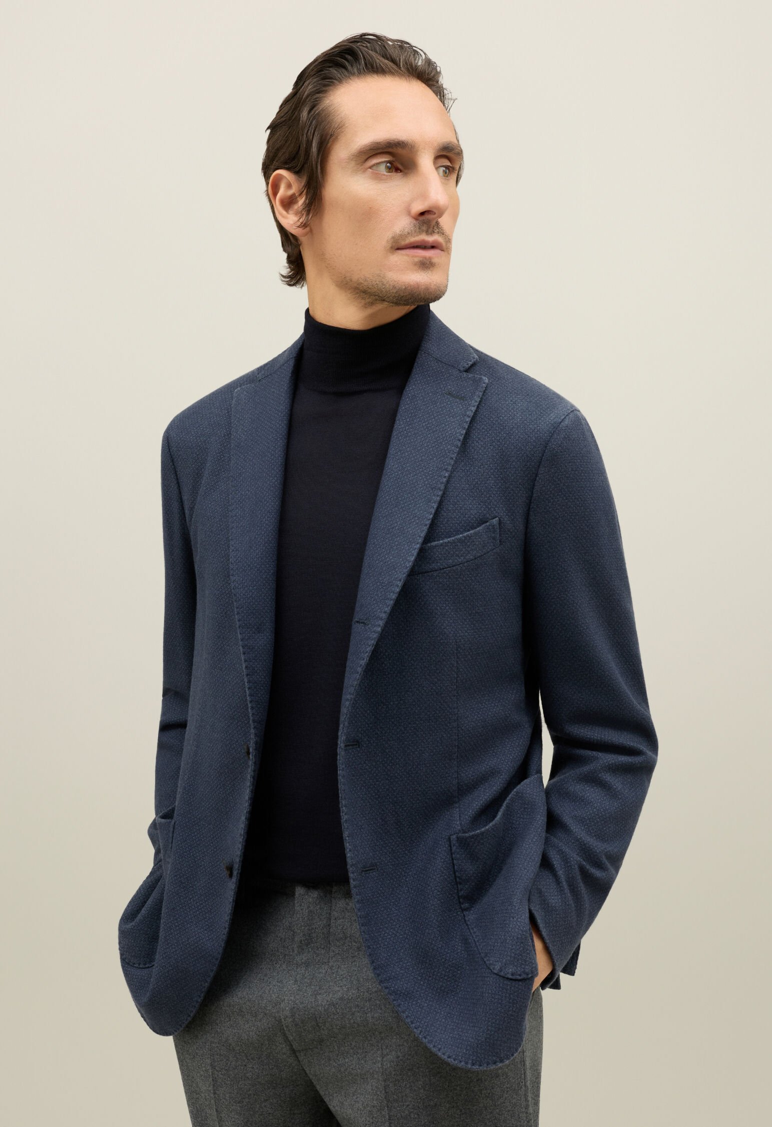 Garment Dyed Cashmere micro-structure K-Jacket in Blue: Luxury