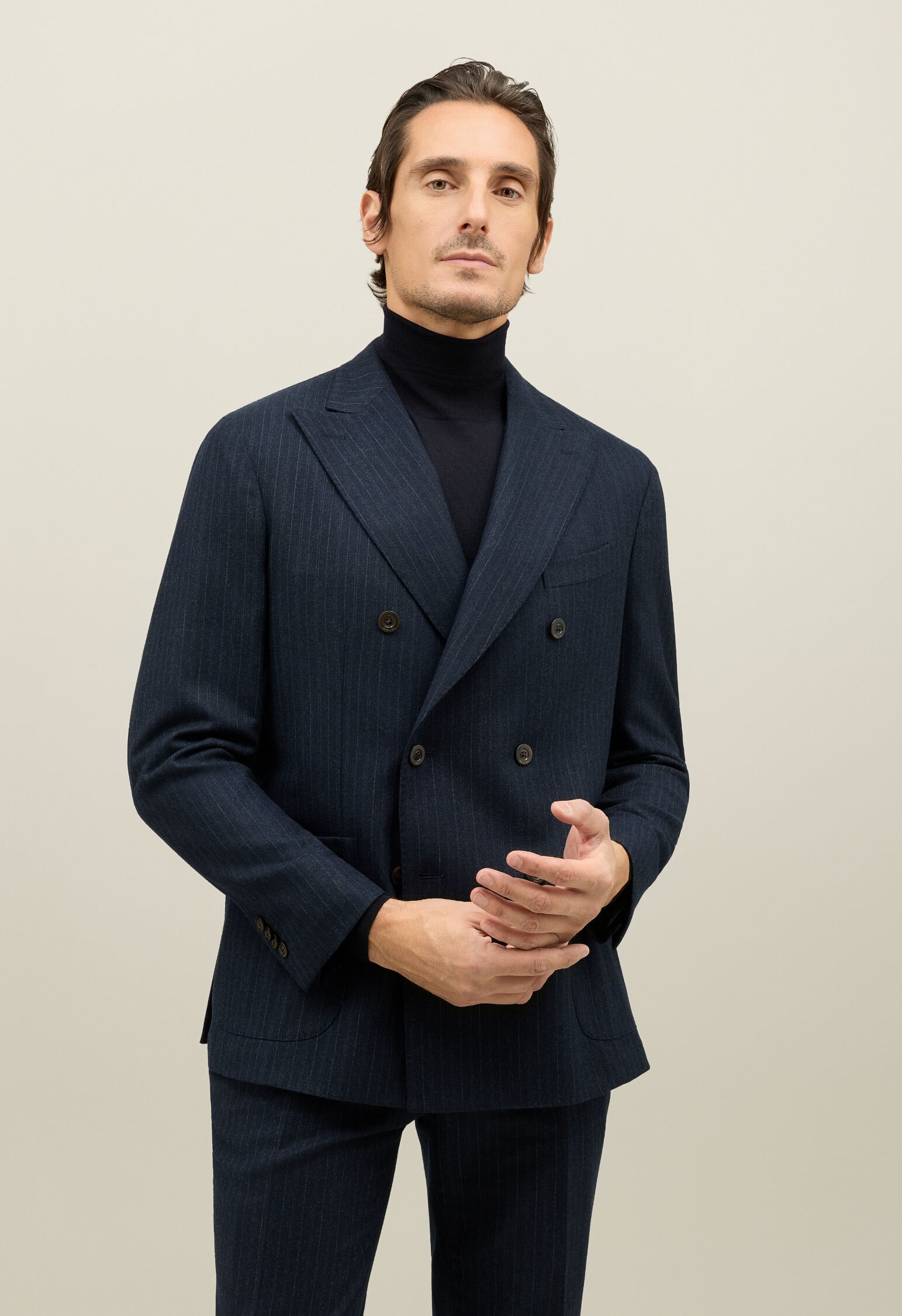 Pinstripe Flannel double-breasted K-Suit in Dark Blue: Luxury