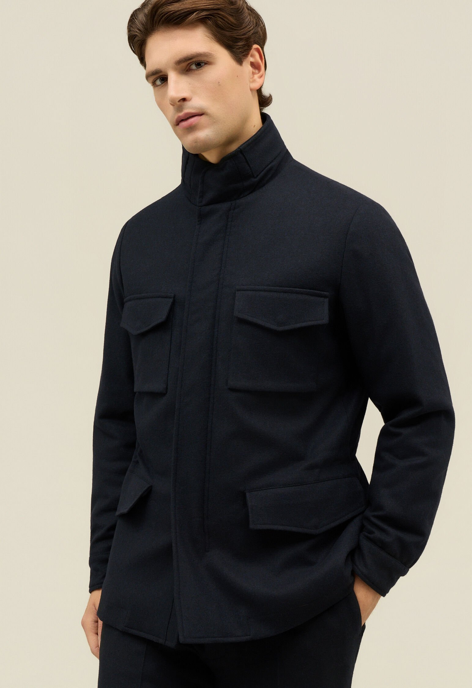 Flannel Padded Field Jacket in Blue: Luxury Italian Outerwear for