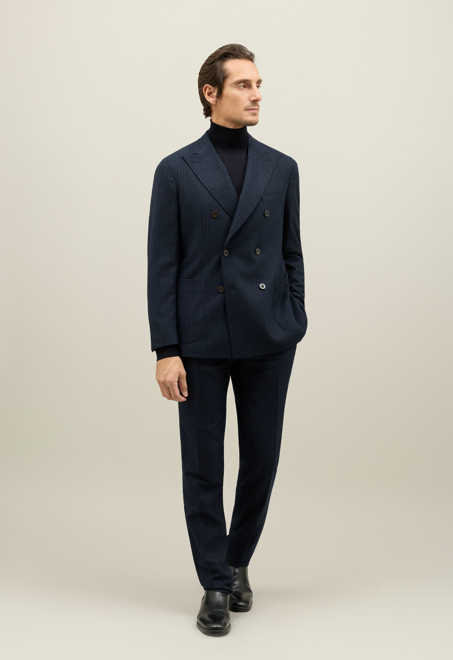 Pinstripe Flannel double-breasted K-Suit in Dark Blue: Luxury