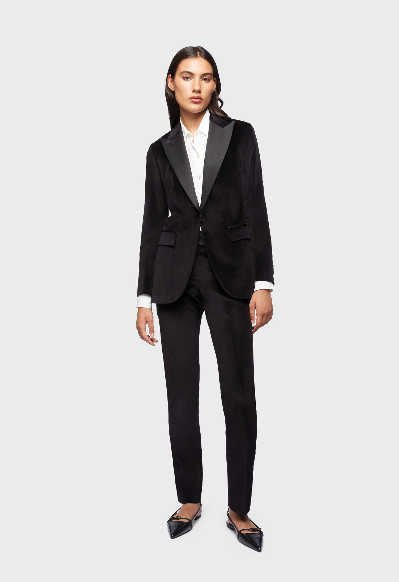 Woman's black velvet-effect cotton trouser suit in Black: Luxury