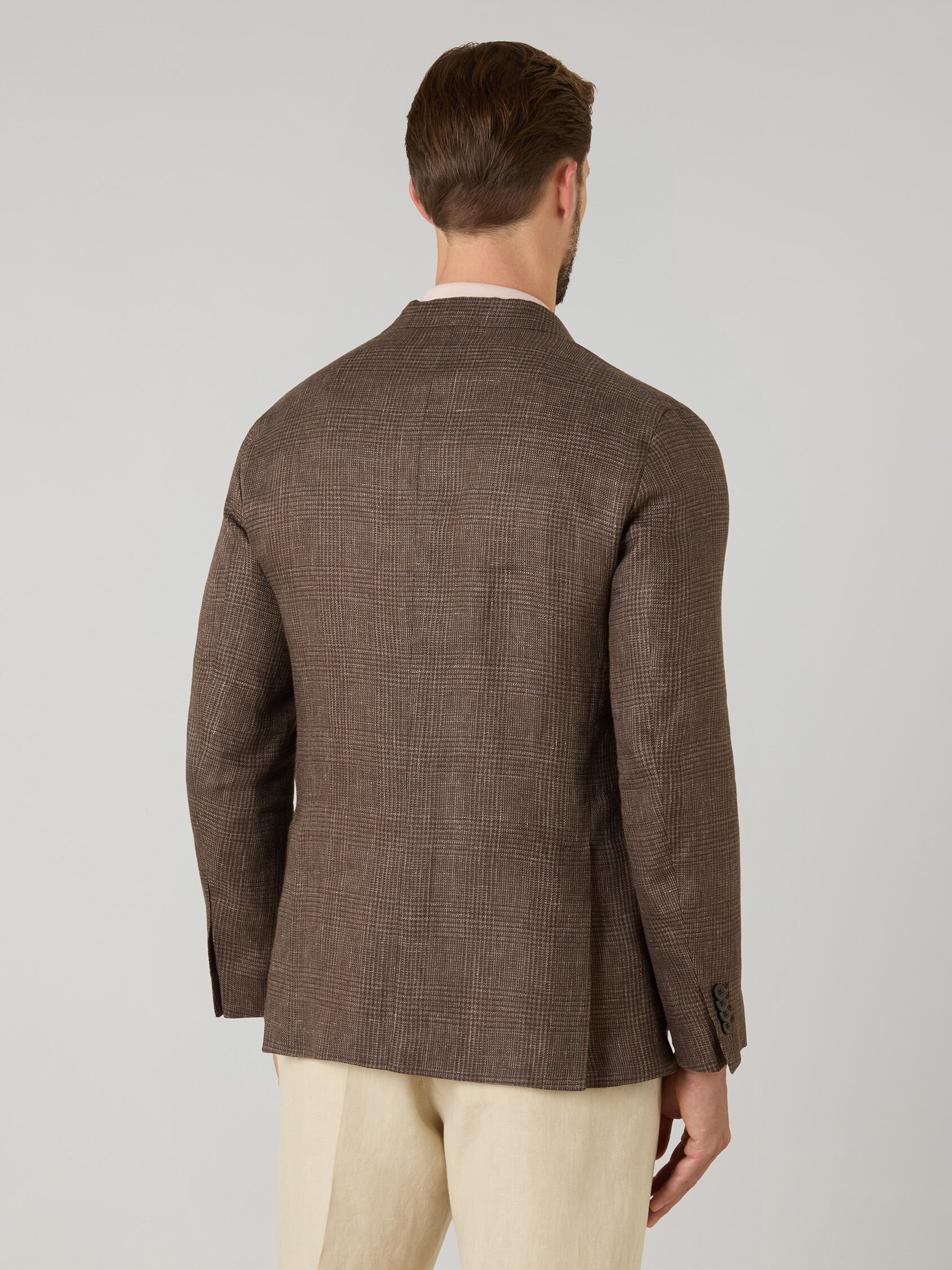Linen Prince of Wales K-Jacket in Brown: Luxury Italian New