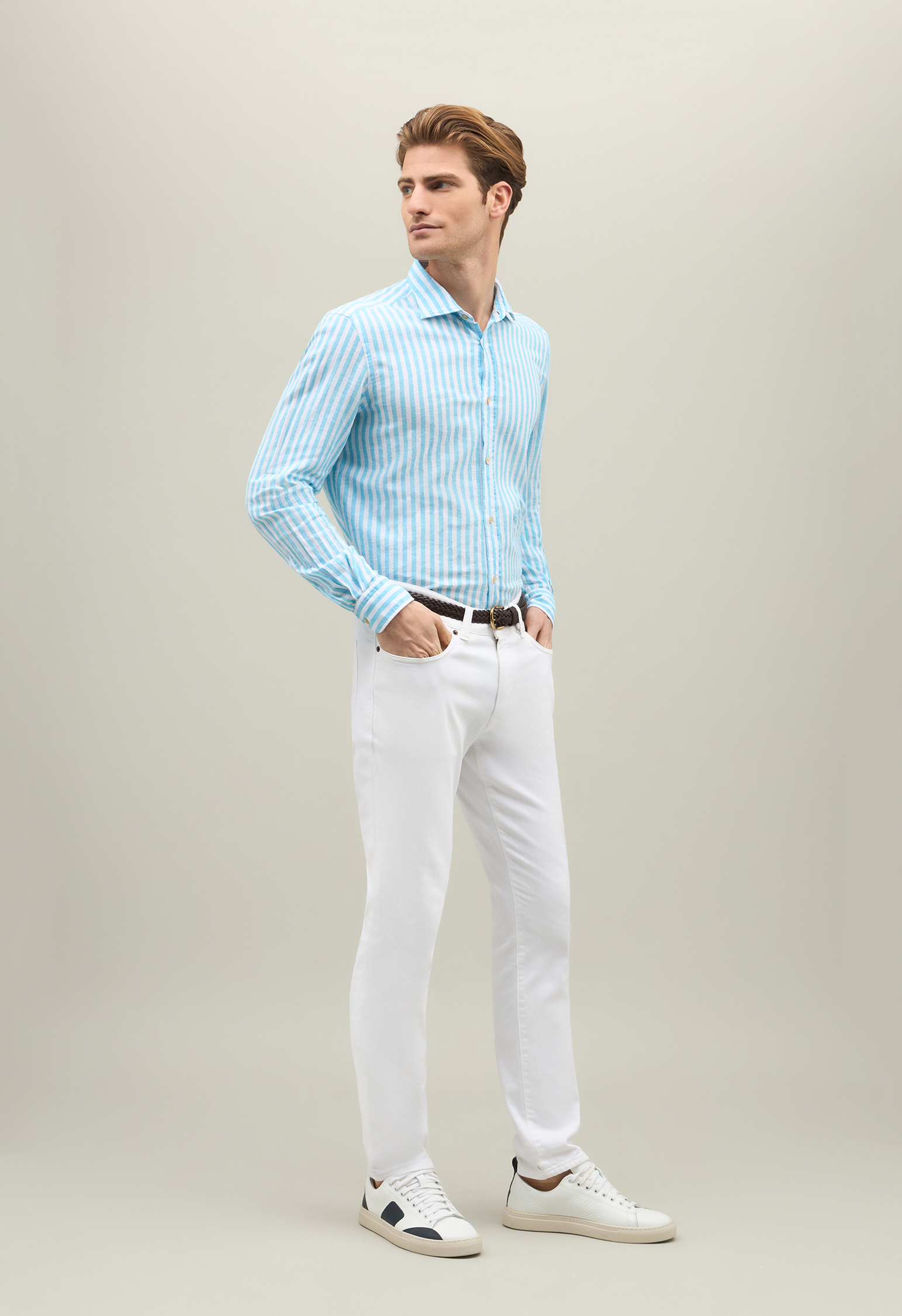 Boglioli Linen Cotton Striped Shirt In Lightblue/white